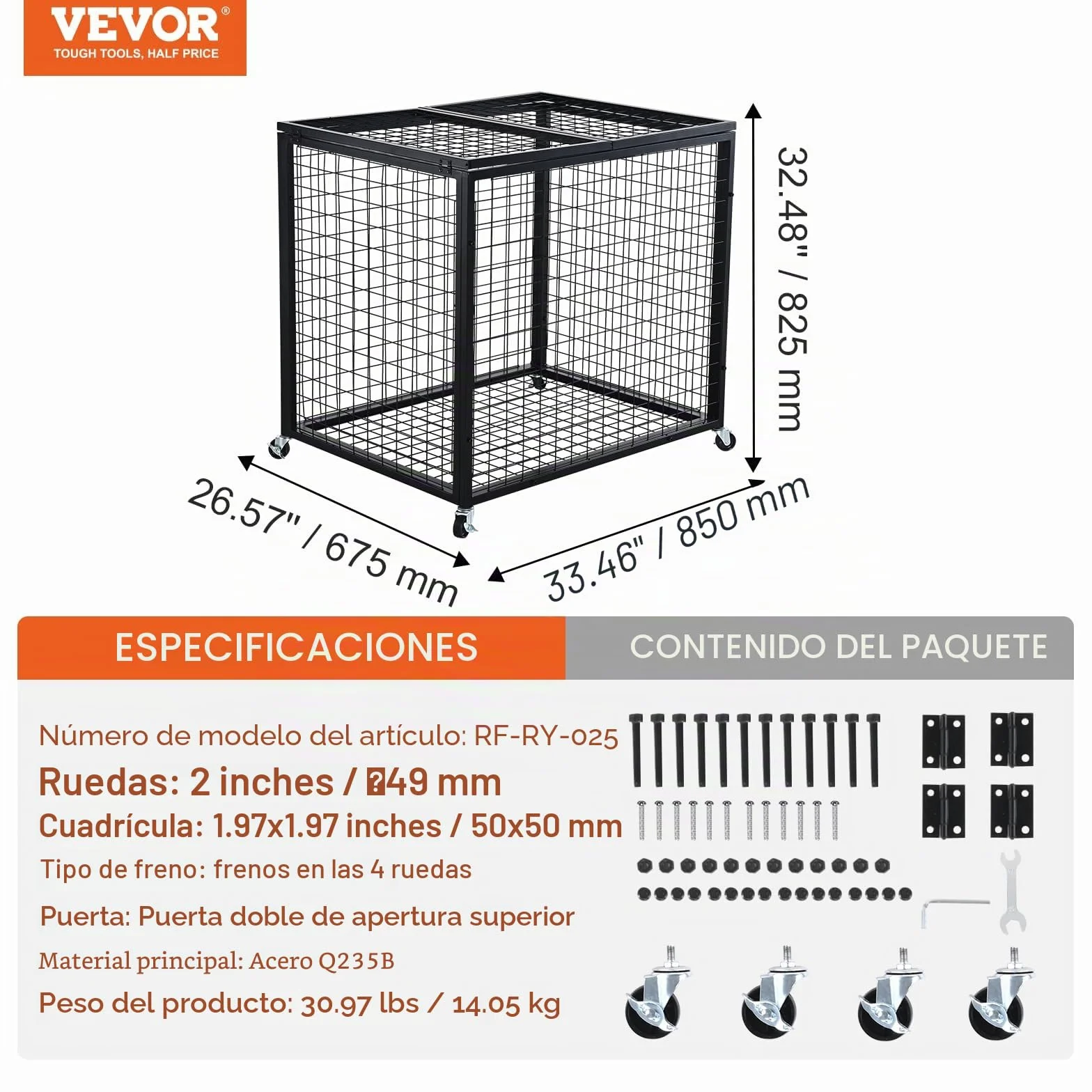 VEVOR Carro de Bolas con Cerradura 85x67,5x82,5 cm Jaula Móvil de Almacenamiento de Bolas con 4 Ruedas de Acero y Frenos Organizador para Equipo Deportivo Gimnasio Escuela Garaje Interior Exterior