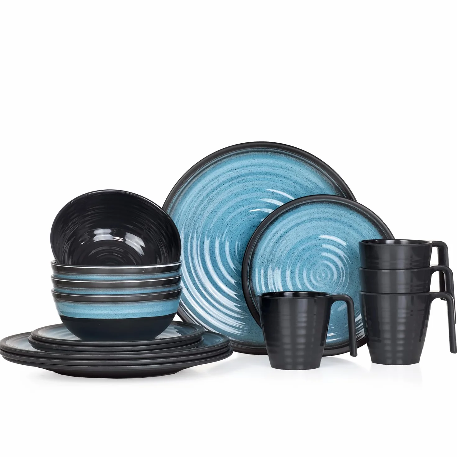 Juego de vajilla de melamina para camping, 4 personas, color azul piedra + 4 tazas de piedra tazas de café, vajilla de pícnic, barbacoa