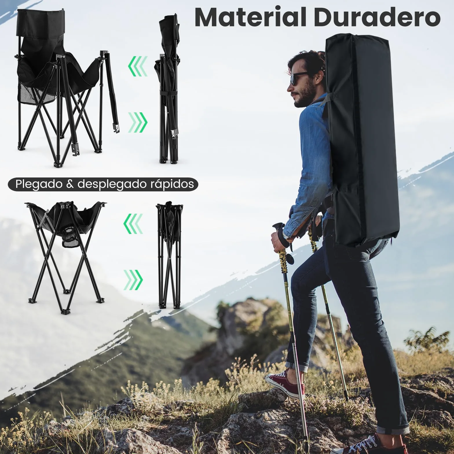 COSTWAY Juego de Sillas Camping Plegable y Mesa, 2 Sillas Camping Portátil y Mesa Auxiliar con 2 Portavasos, Bolsa de Transporte, Pesca, Picnic, Barbacoa, Negro