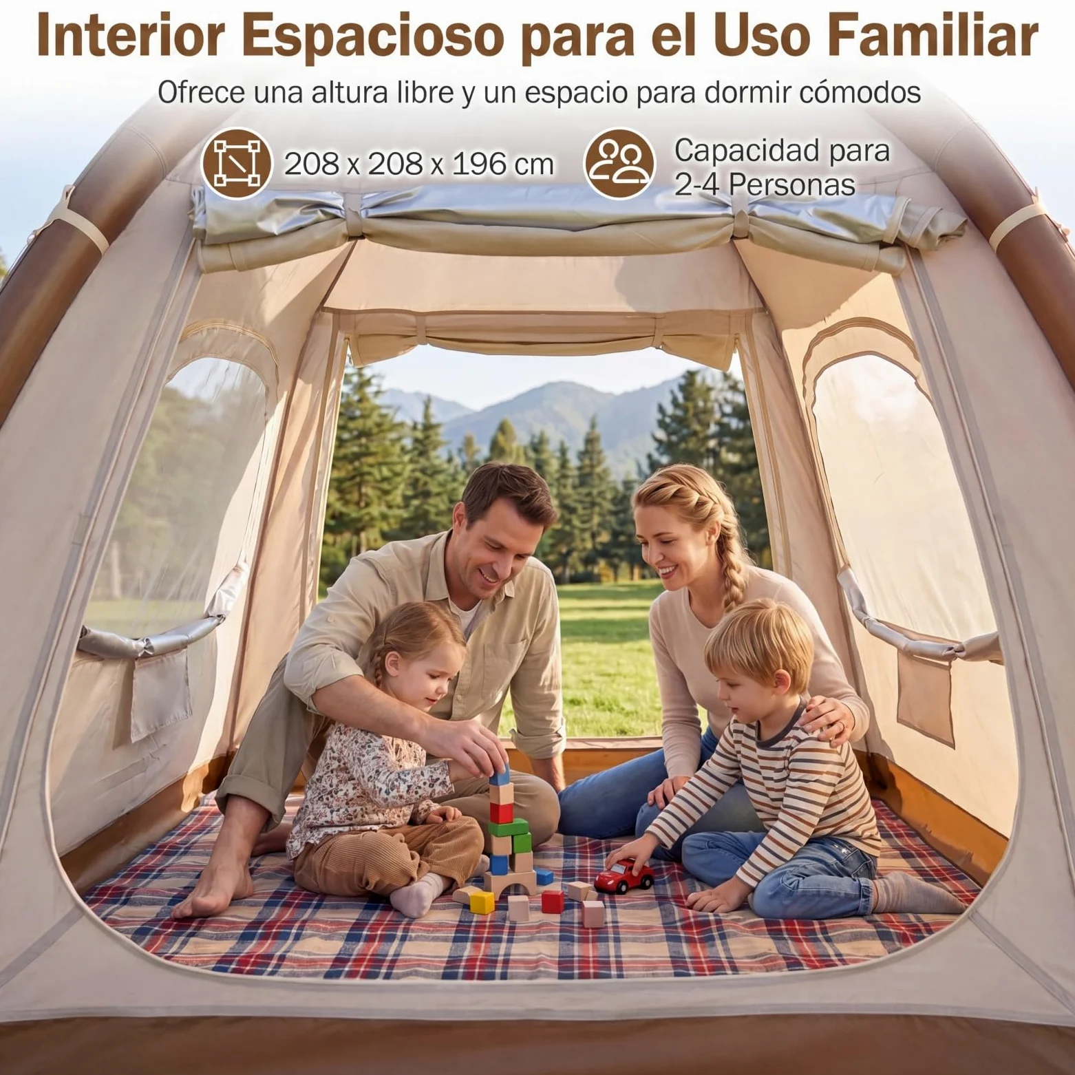 COSTWAY Tienda de Campaña para 2-4 Persona, Tienda de Campaña Hinchable con Bomba de Aire, Puertas y Ventanas de Malla, Estacas y Cuerdas de Sujeción, Bolsa de Transporte, 208 x 208 x 196 cm