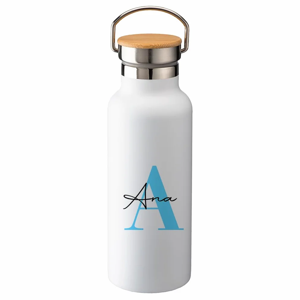 Genérico Botella térmica personalizada inicial y nombre 500 ml bambú, acero inox