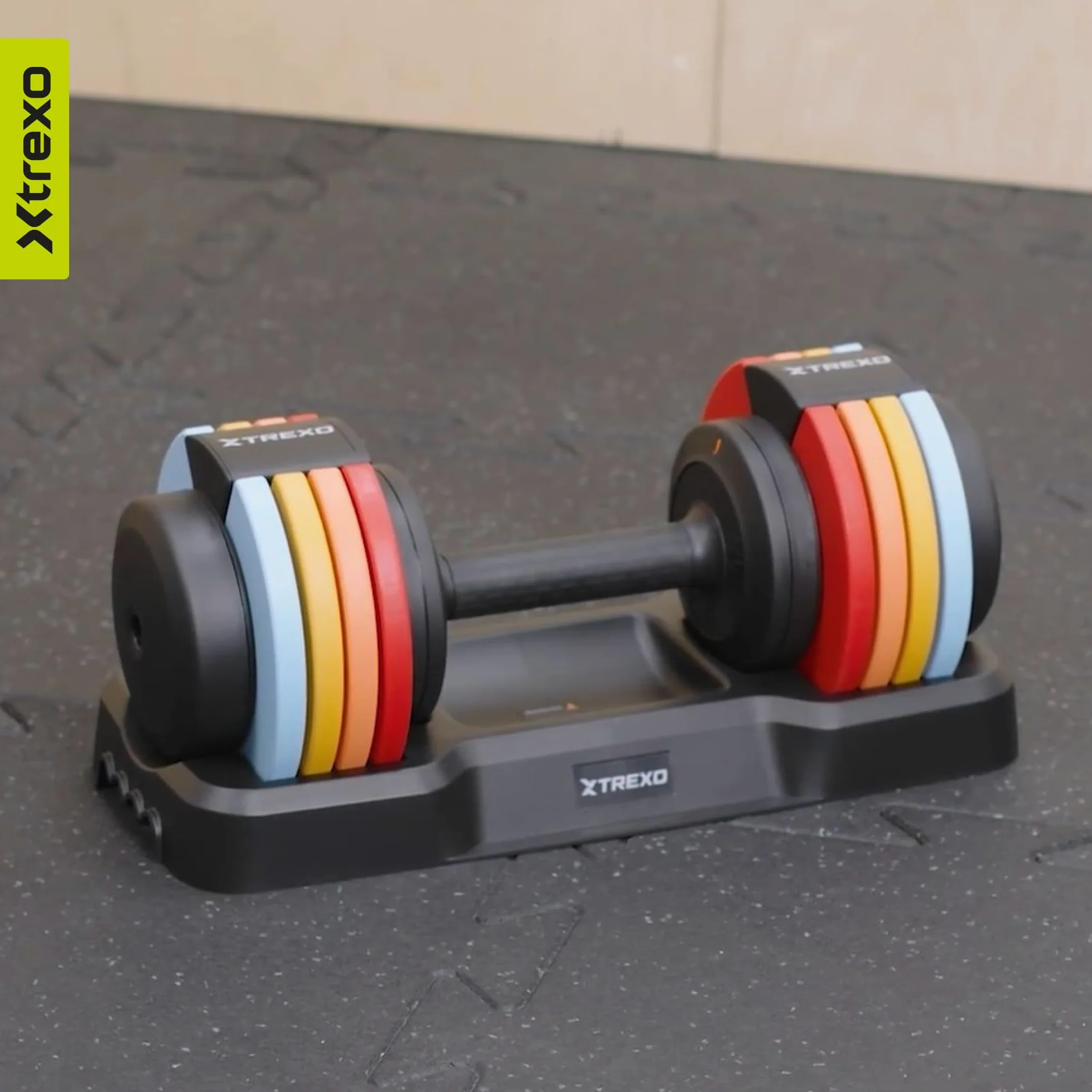 TREXO Multicolor - Mancuernas ajustables de 11,5 kg, de acero con mango antideslizante, ideal para el entrenamiento de fuerza en casa y en el gimnasio, mancuernas ajustables con base estable