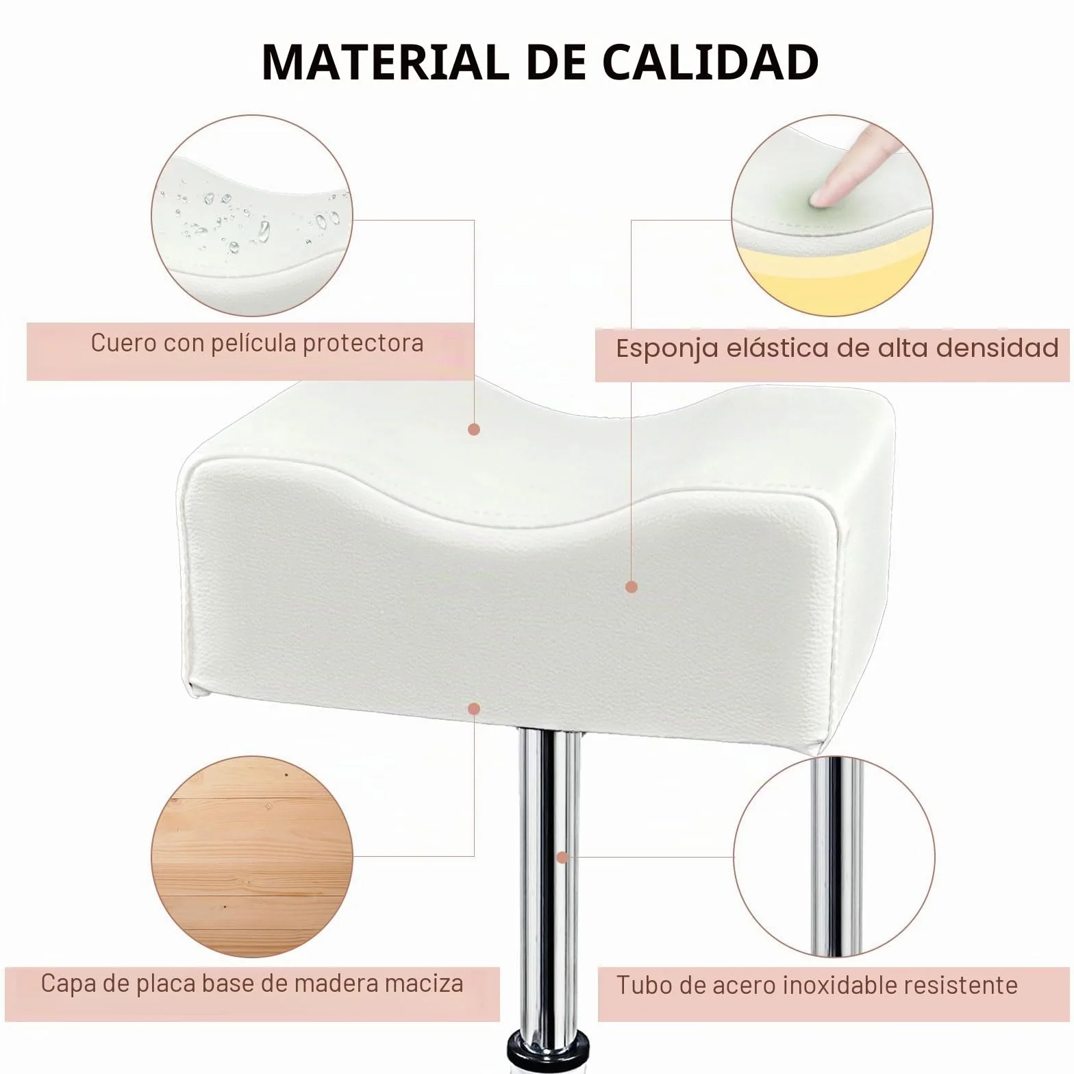 Taburete de pedicura ajustable en altura para salón de uñas, blanco