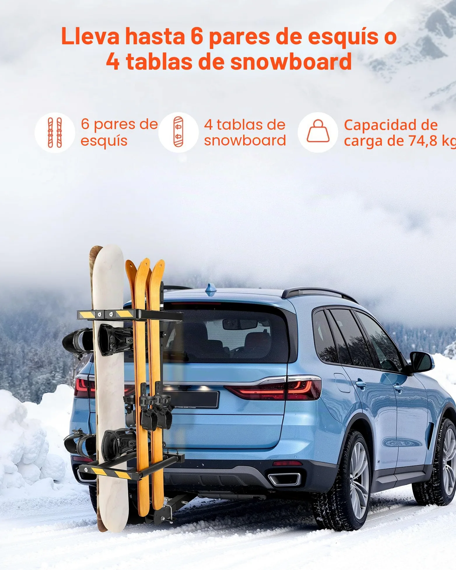 VEVOR Portaesquís de Techo, para hasta 6 Pares de Esquís/4 Tablas de Snowboard, con Cerradura con Cinturón de Seguridad y Acceso Inclinable, el Soporte Ajustable Se Adapta a la Barra de Remolque