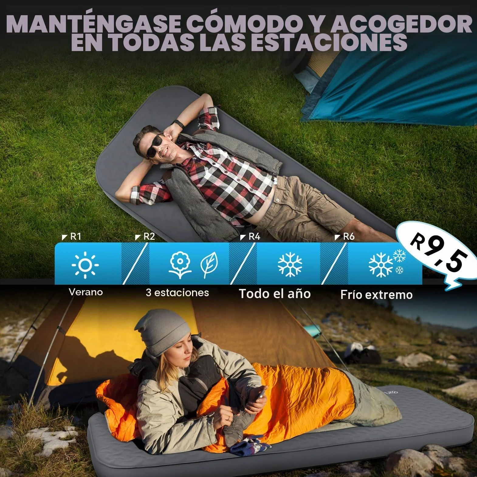 HIKENTURE Colchoneta autoinflable con bomba eléctrica, 10 cm de grosor, colchón de espuma para acampar, 9,5 R de valor