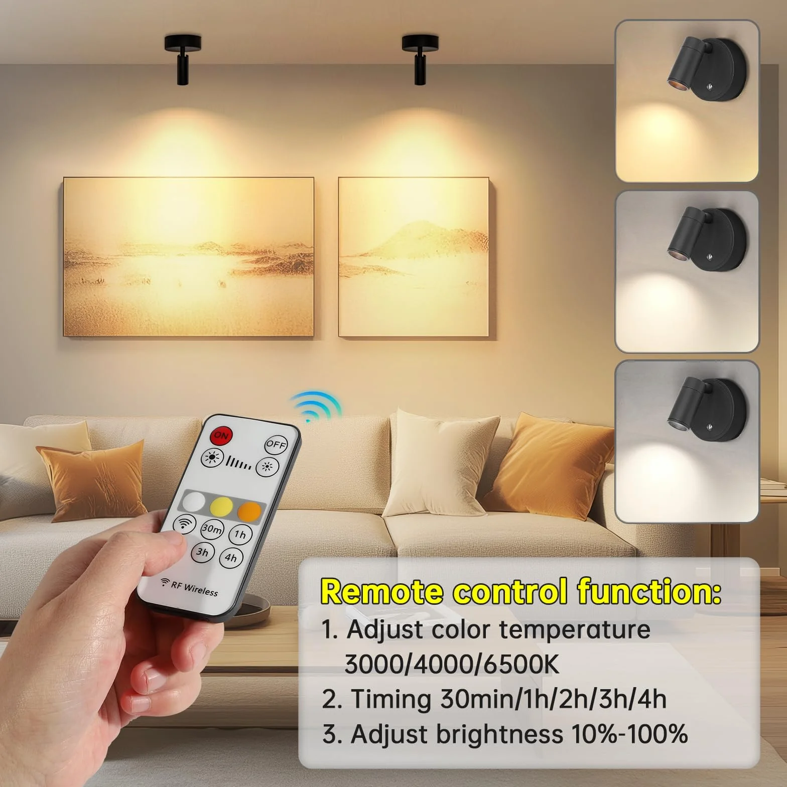 Kambo LED Lámpara de Pared Recargable 4000mAh con Control Remoto y Temporizador, 2 Pieza