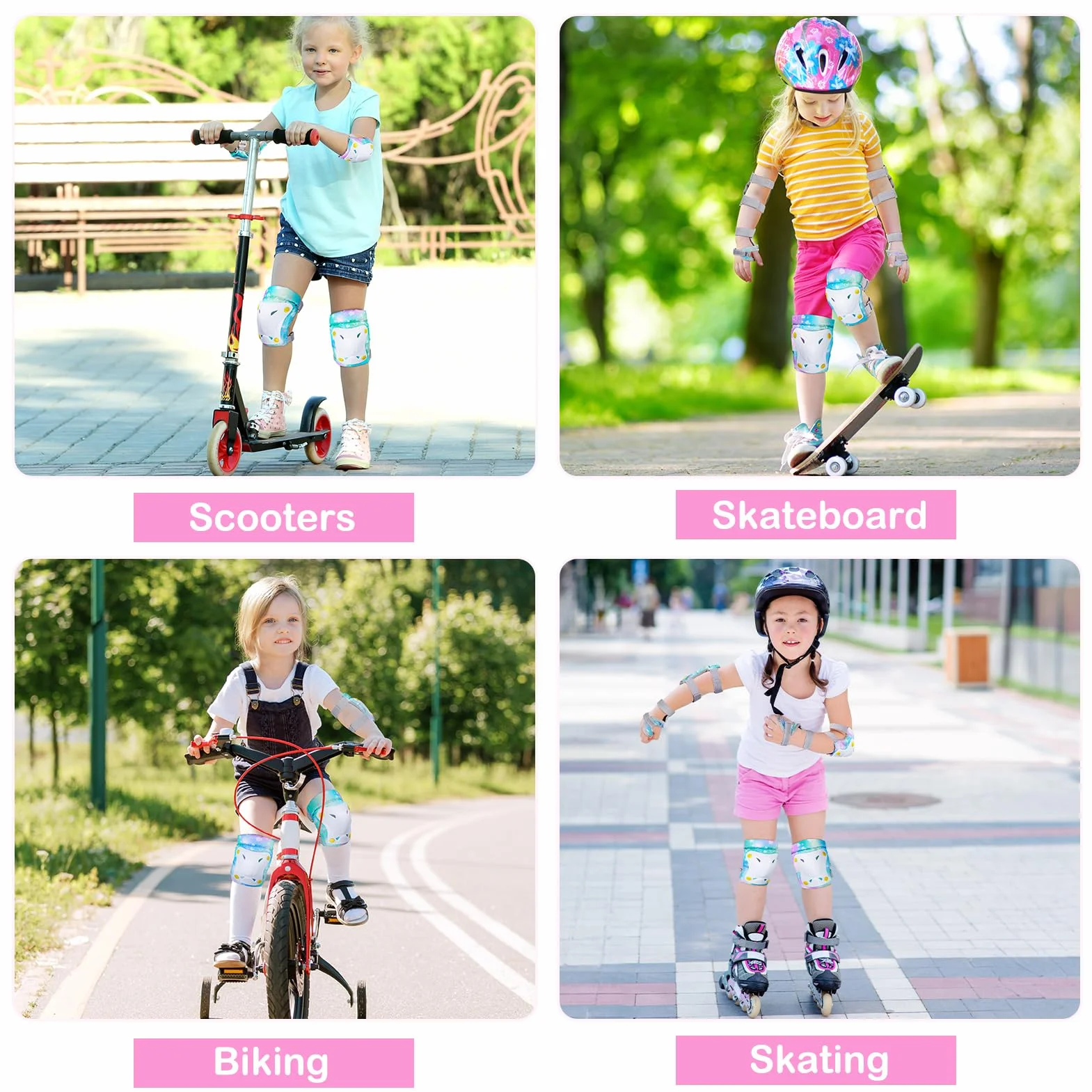 Unicorn Castle Rodilleras y Coderas de Unicornio para niños y niñas, Juego de Equipo de protección Ajustable 6 en 1 con Bolsa de cordón, 3-8 años