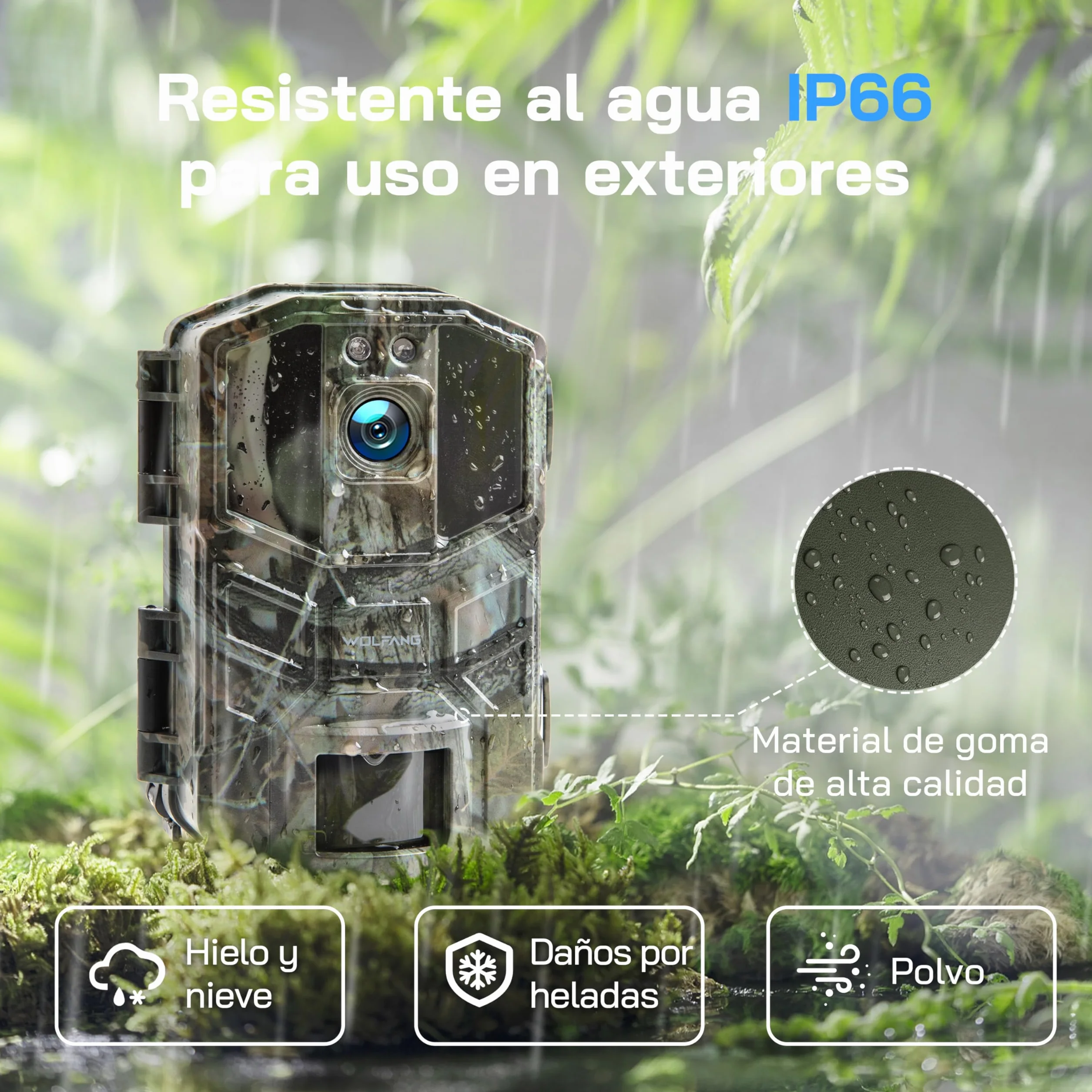 WOLFANG Cámara de Caza WiFi 4K 64MP, Camara Fototrampeo con 0.1s Velocidad de Disparo, Visión Nocturna, Diseño de Temporizadorn, IP66 para Vida Silvestre y Monitoreo de Seguridad