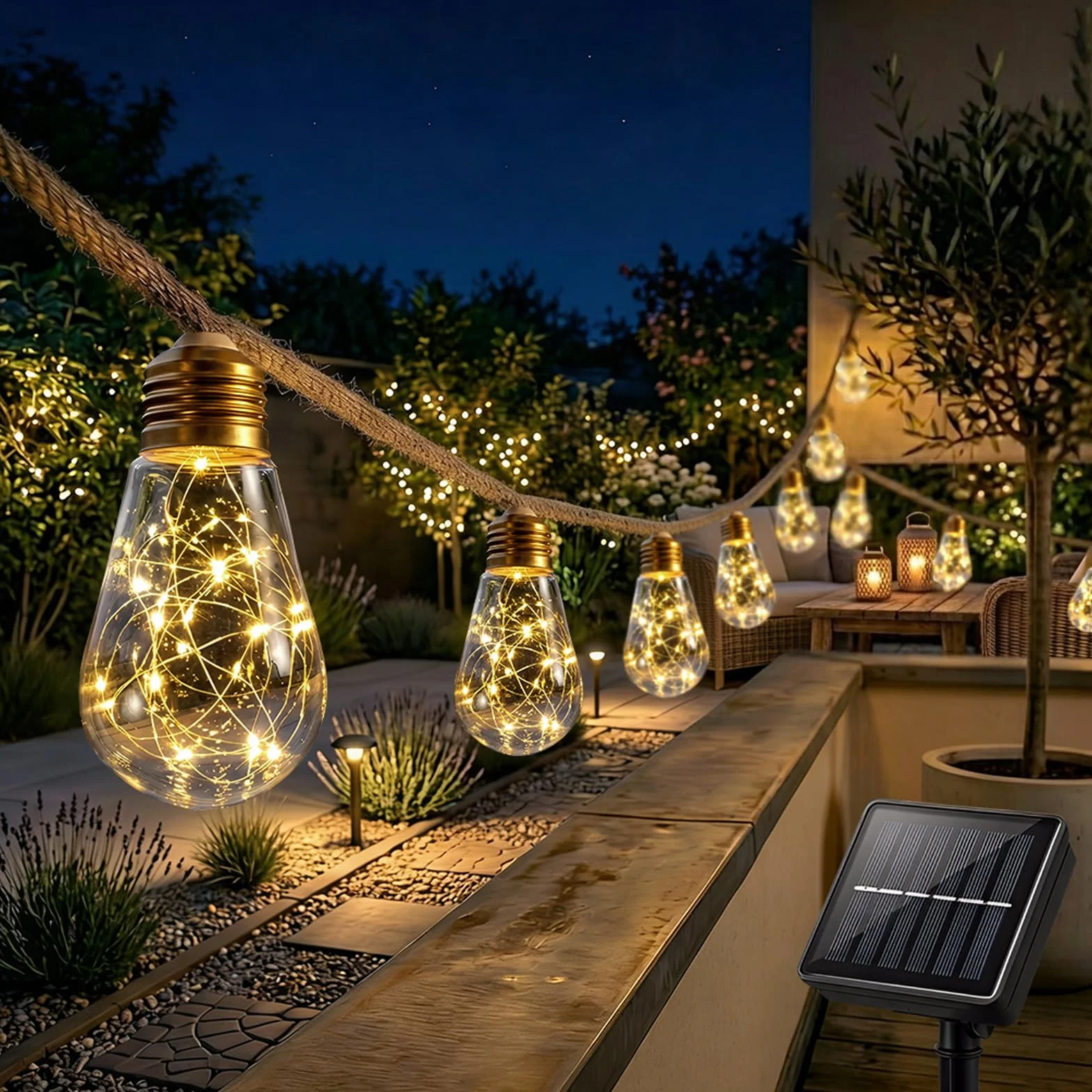 Guirnaldas Luces Exterior Solar 8M 16 Bombillas Plástico Irrompible 8 Modos IP65 Impermeable Blanco Cálido