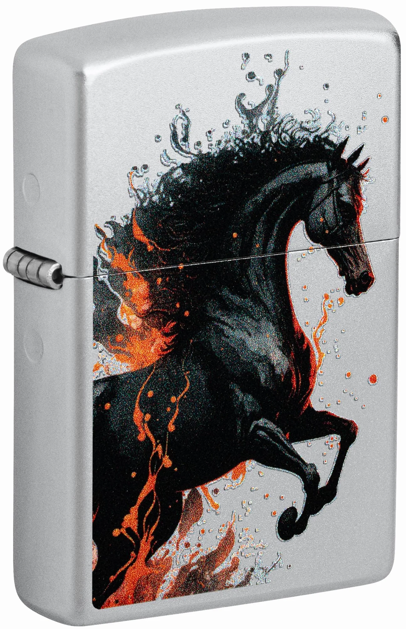 Zippo Fire Horse Windproof Lighter Satin Chrome Color Image Rechargeable Reusable Gift Box Made in USA