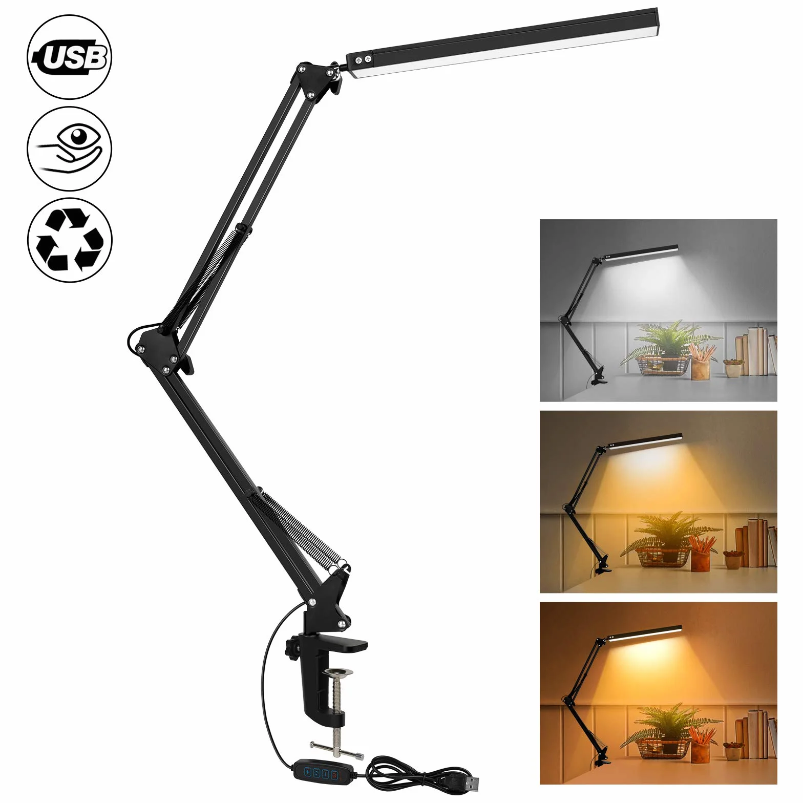 SKYLEO Lámpara Escritorio LED Flexo con Clip, Protección Ocular, 3 Modos de Luz, 10 Niveles de Brillo, Negro