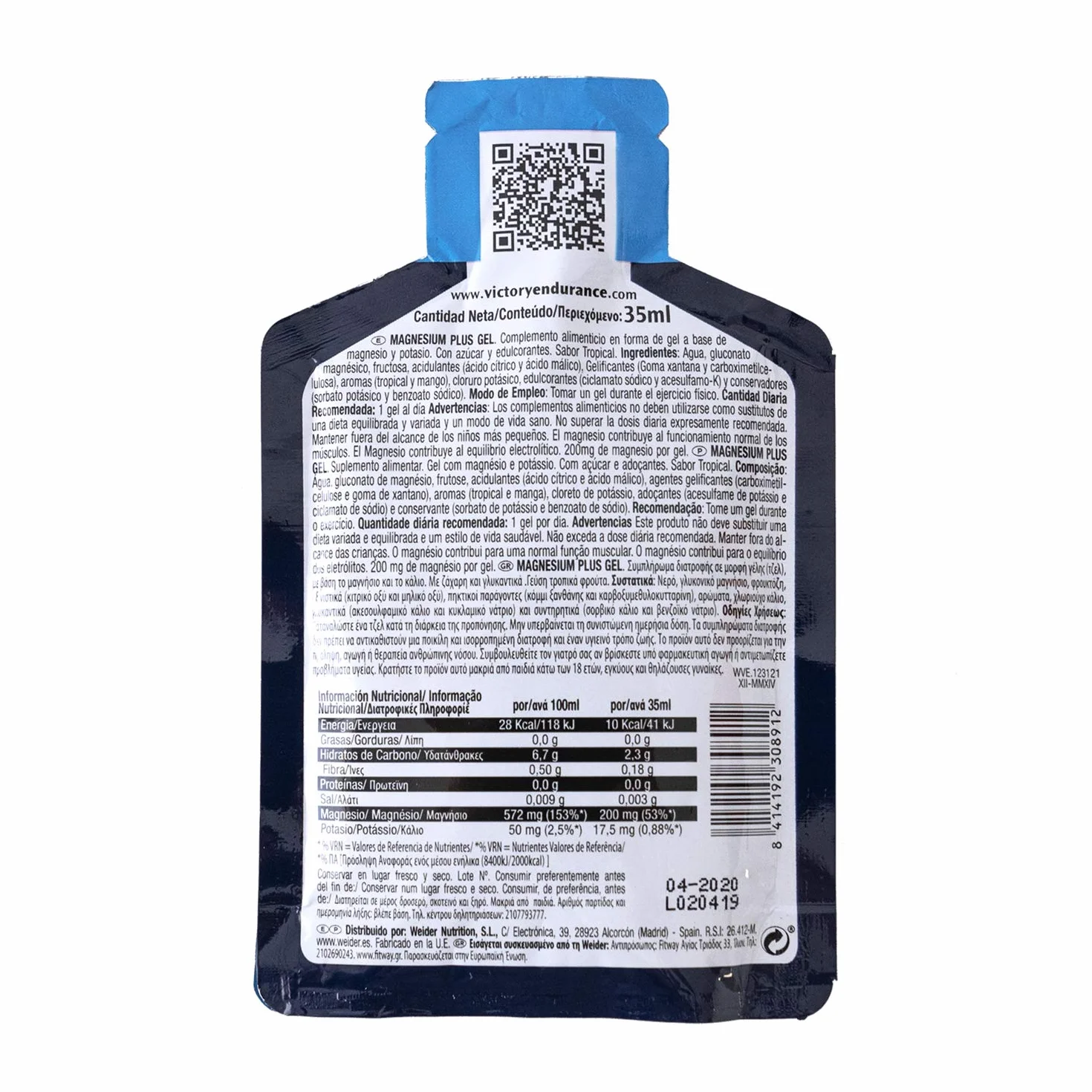 Victory Endurance Magnesium Gel Plus 35ml x 12 - Suplemento con Potasio para Calambres Musculares