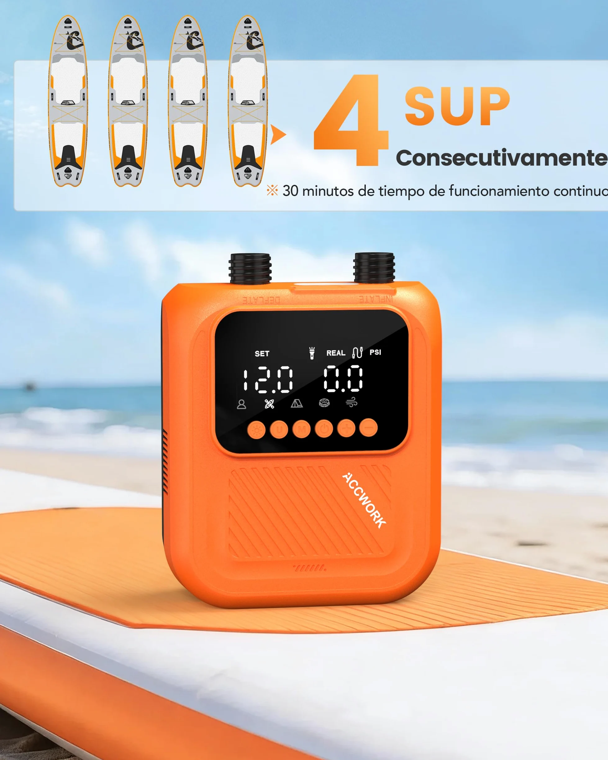 Bomba Eléctrica Sup 20 PSI, Inflador Paddle Surf Electrico | Parada Automática, Doble Pantalla Digital, Inflado/Desinflado, 7 Boquillas para Tablas de Sup Kayak Colchón Tienda Inflable