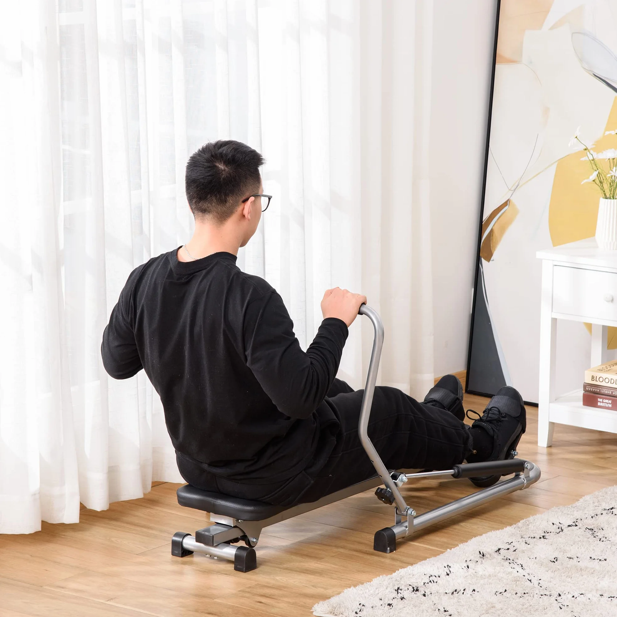 HOMCOM Máquina de Remo Hidráulico Plegable con 3 Niveles de Resistencia Monitor Digital y Pedal Antideslizante para Fitness en Casa Acero 129x70x70 cm Negro y Plata