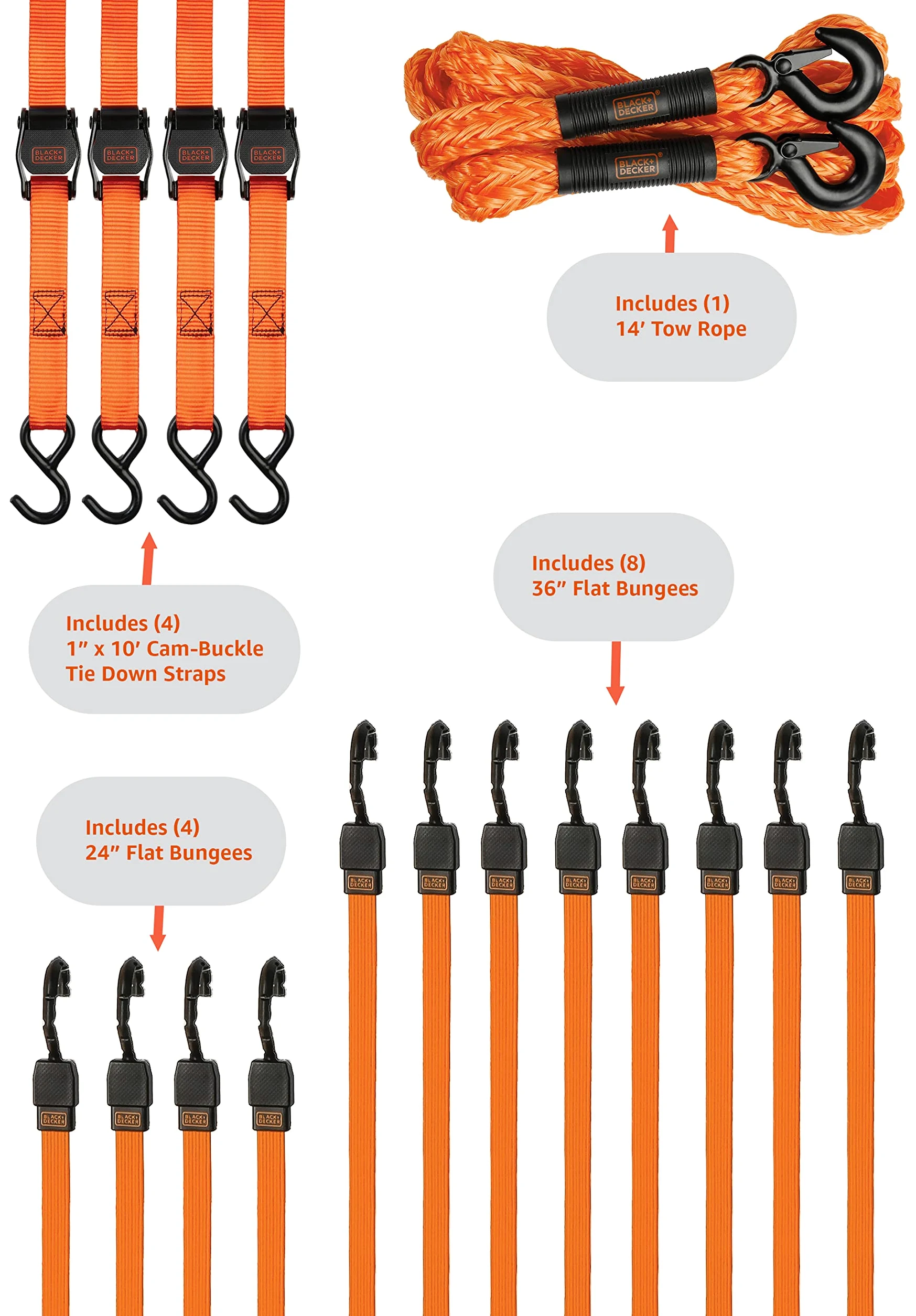 BLACK+DECKER BDX1017 - Kit de amarre de 17 piezas con cuerda de remolque de 14 pies, correas de hebilla de leva de lujo de 1 pulgada x 10 pies y cuerdas elásticas de correa plana de 24 y 36 pulgadas