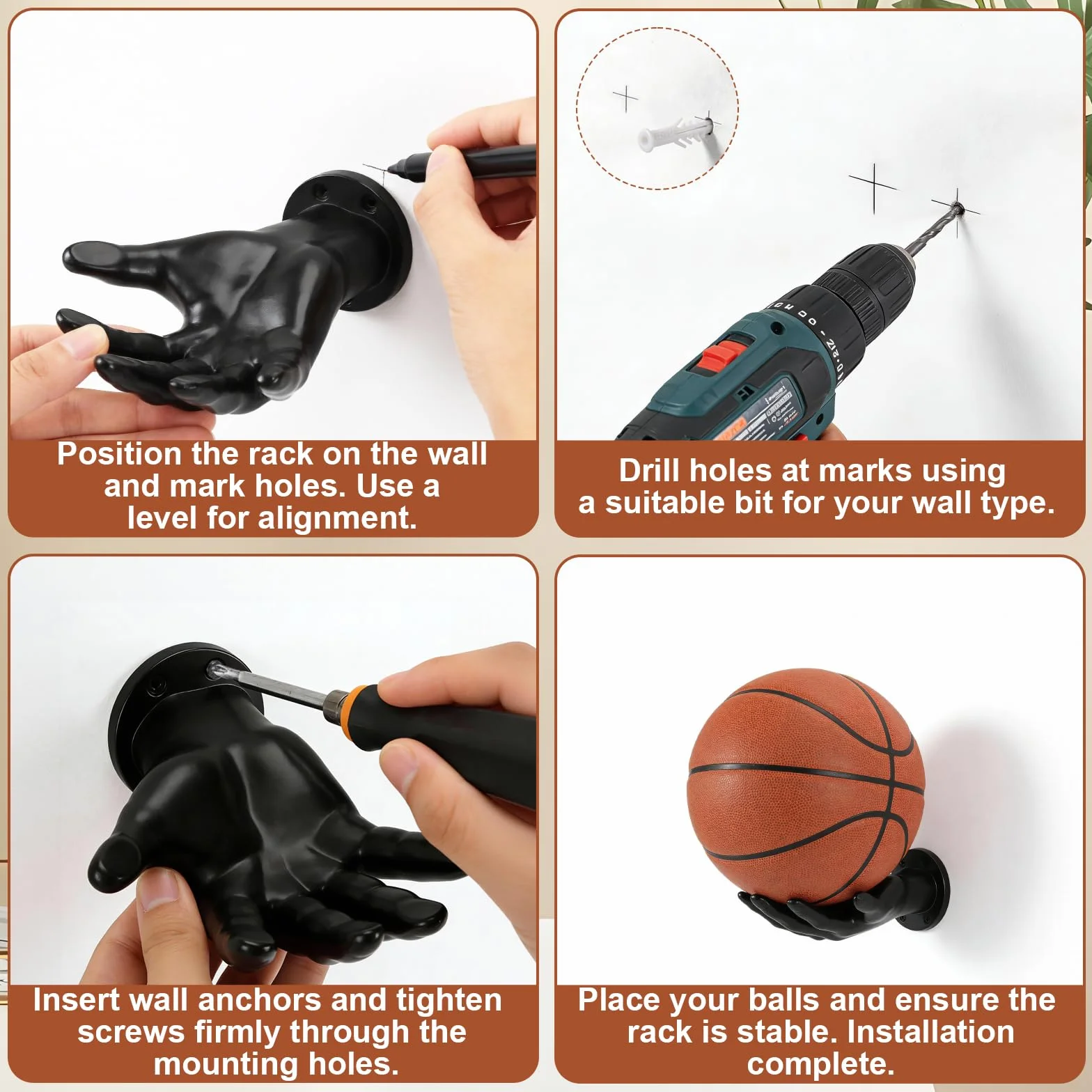 2Uds Soporte Balones, Negros Soporte Balon Futbol en Forma de Palma, Regalo Creativo de Baloncesto para Almacenamiento y Decoración, Soportes para Balón en la Pared de Rugby y Fútbol