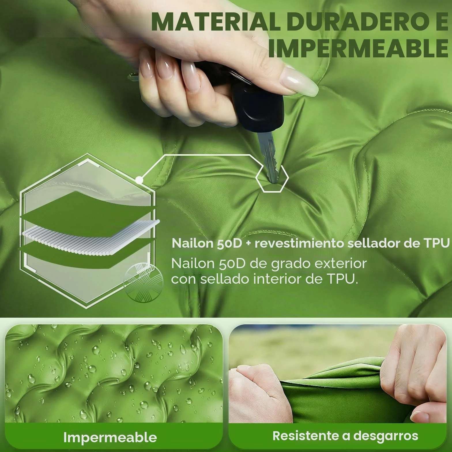JATEKA Colchoneta Autoinflable XL para Camping, Individual con Correas, Verde y Azul, Colchón Ligero para Senderismo