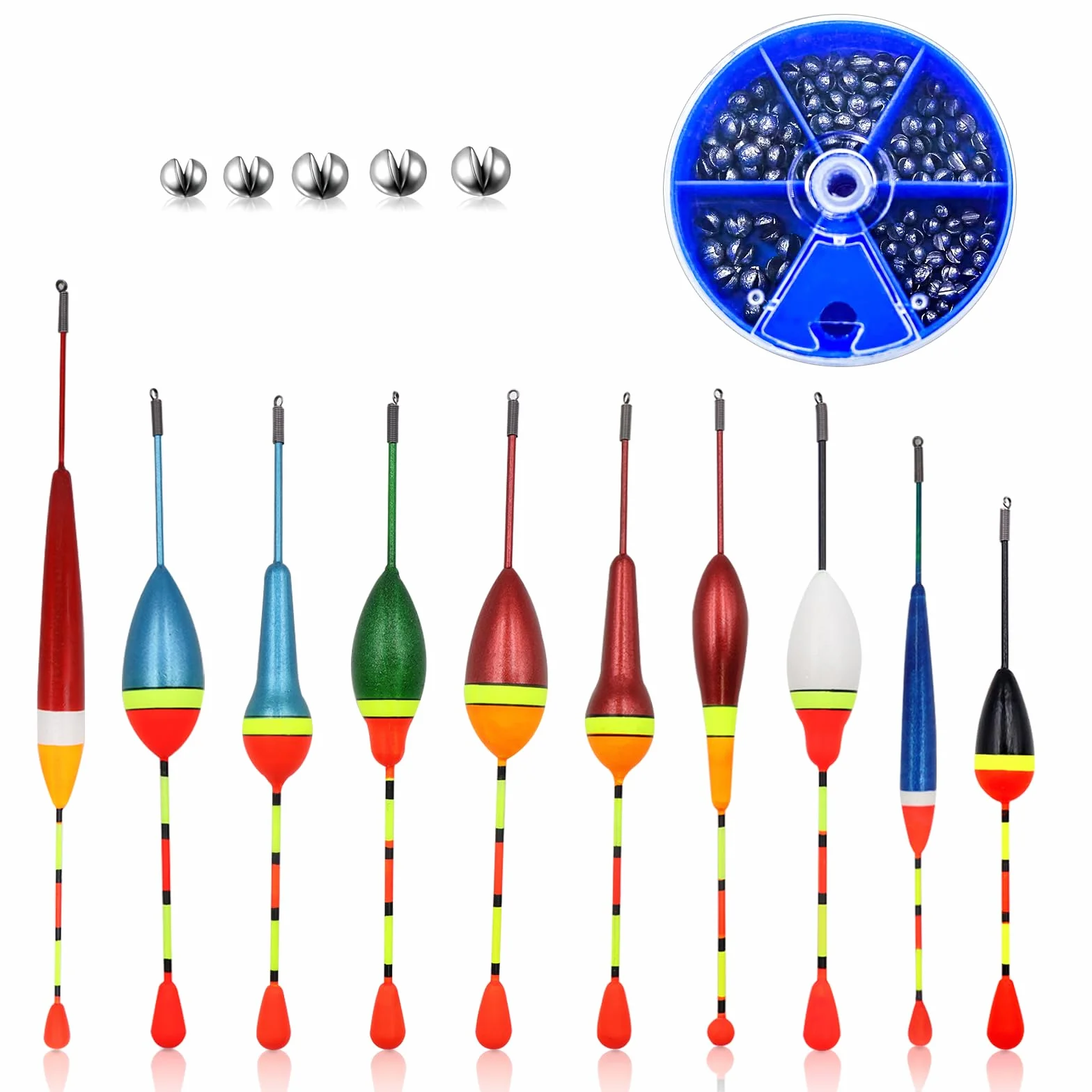 10 pcs Flotadores de Pesca de Mar con Plomos Pesca Boyas de Pesca de Diferentes Tamaños Bobbers para Pesca Nocturna en El Mar (0.6g/0.8g/1.2g/2.5g/3g/4.5g)