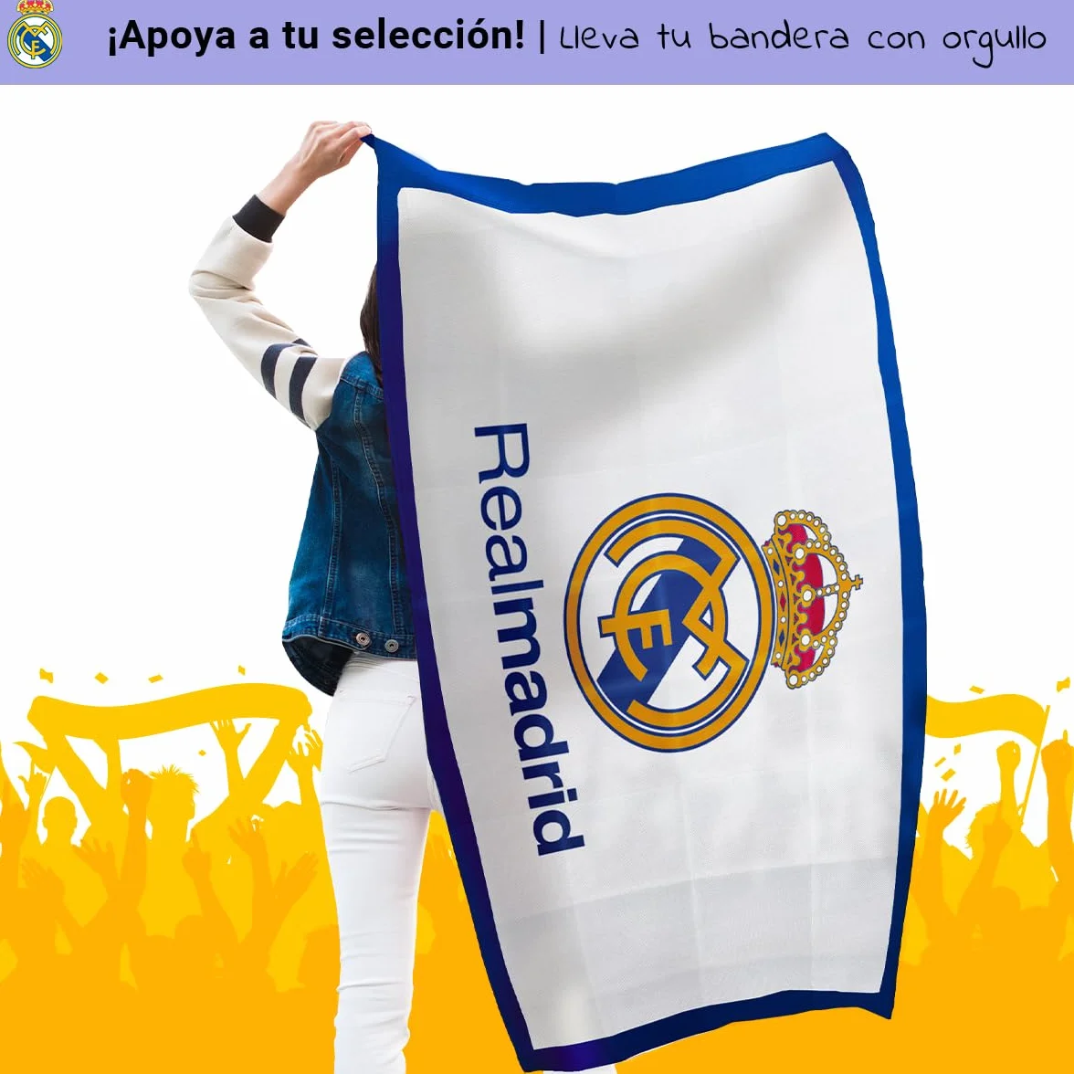 Bandera oficial del Real Madrid Club de Fútbol | 150 x 100 cm - Bordes Azules con escudo en el centro | Producto Oficial
