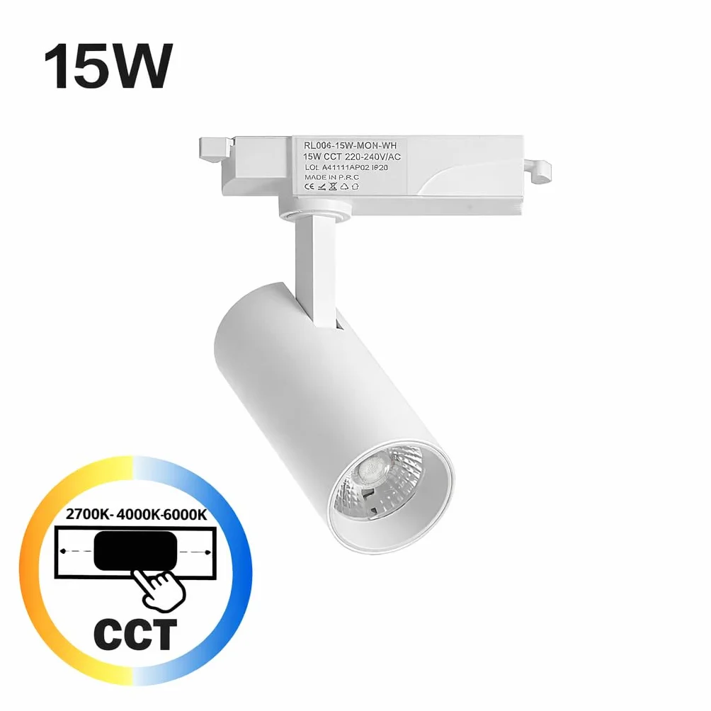 Alpinaluz Foco LED Carril Monofásico 15W 1500lm CCT Seleccionable 2700K-4000K-6000K Orientable Blanco Mate 40°