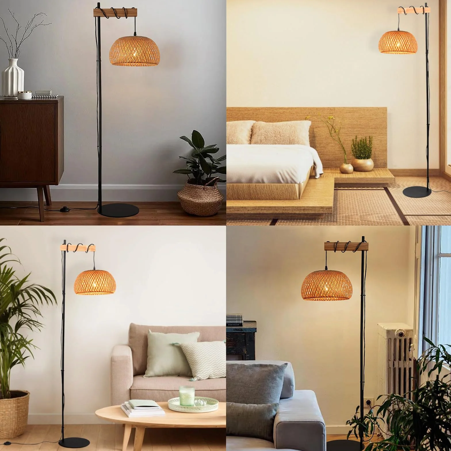 Alpinaluz Lámpara de Pie Mimbre Natural 157 cm E27 Estructura Negra Madera