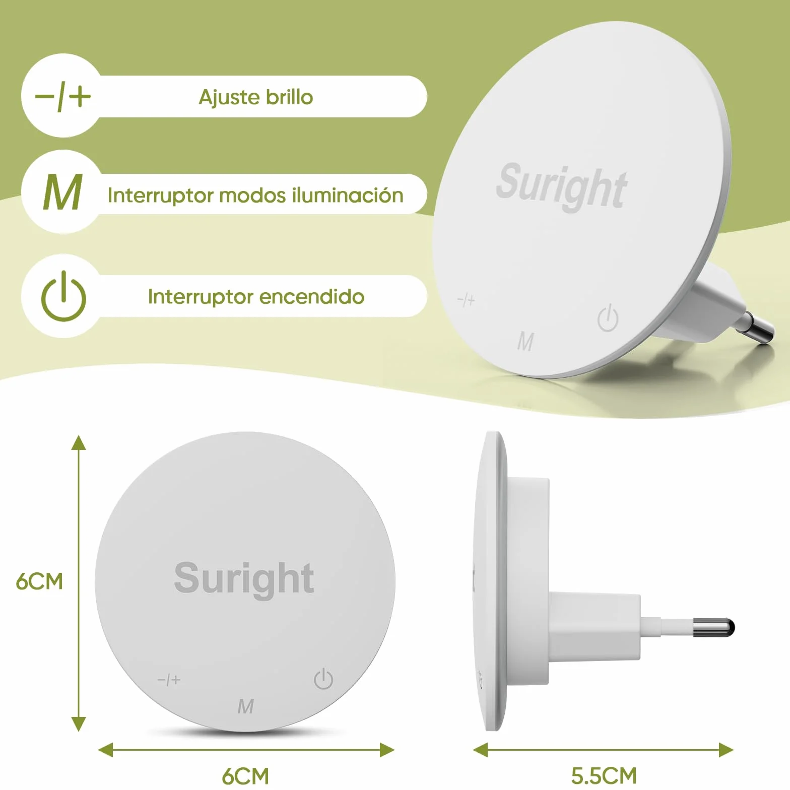 Luz Nocturna con Sensor de Movimiento, 2 Piezas, Blanco Cálido, 3 Modos, Brillo Ajustable, Control Táctil