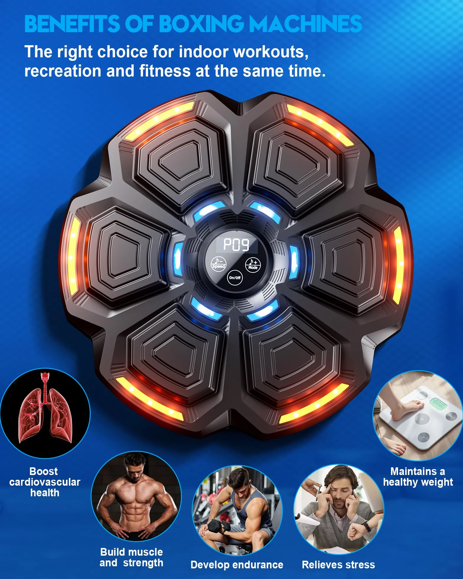 Máquina de Boxeo Musical con Bluetooth, 9 Modos de Velocidad, Recuento Inteligente y Luces al Ritmo de la Música