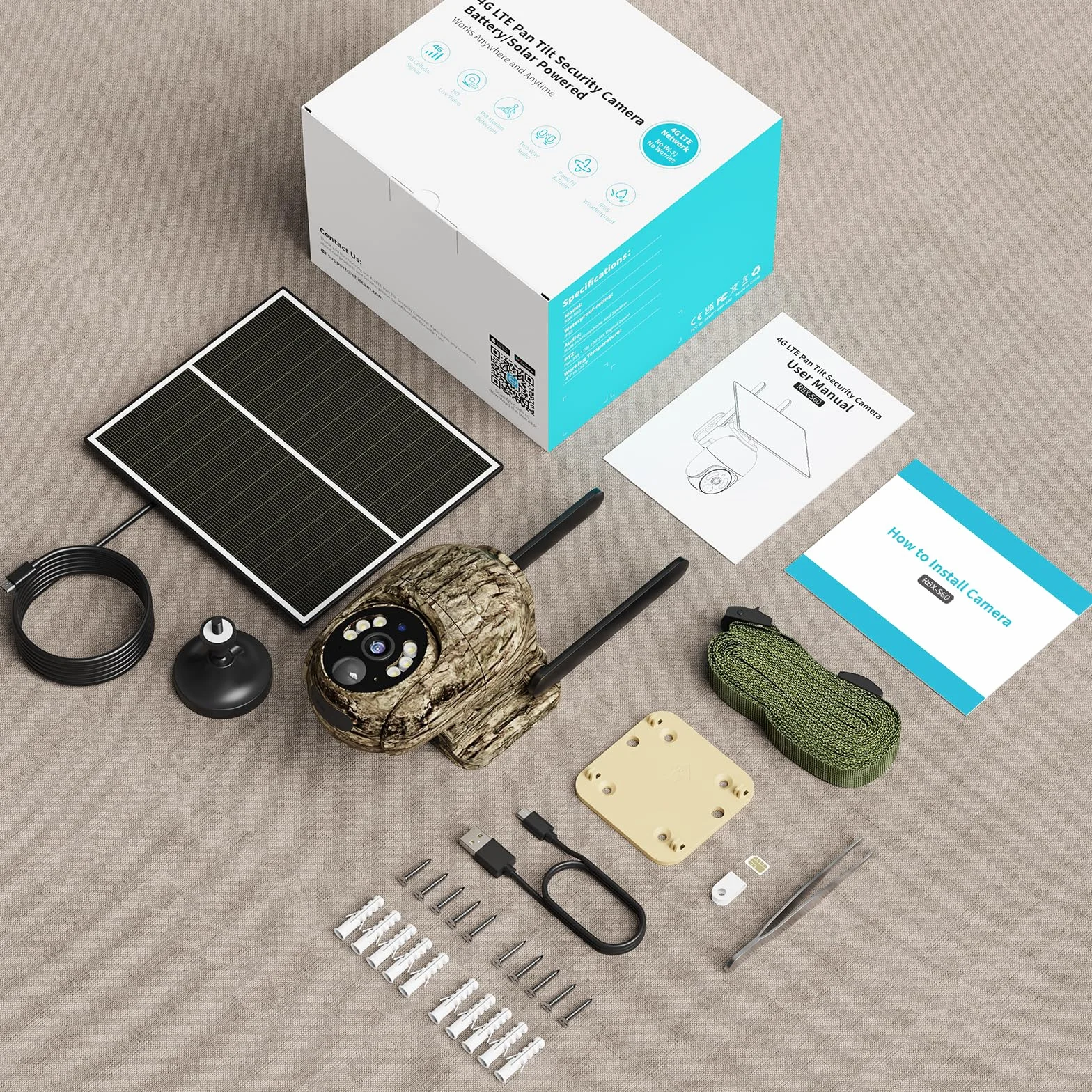 4G Camara Vigilancia Exterior con Tarjeta SIM, 2K 360° Inalámbrico Solar Cámara con 30M Visión Nocturna Color, Detección de Movimiento, Audio Bidireccional, IP66 Impermeable