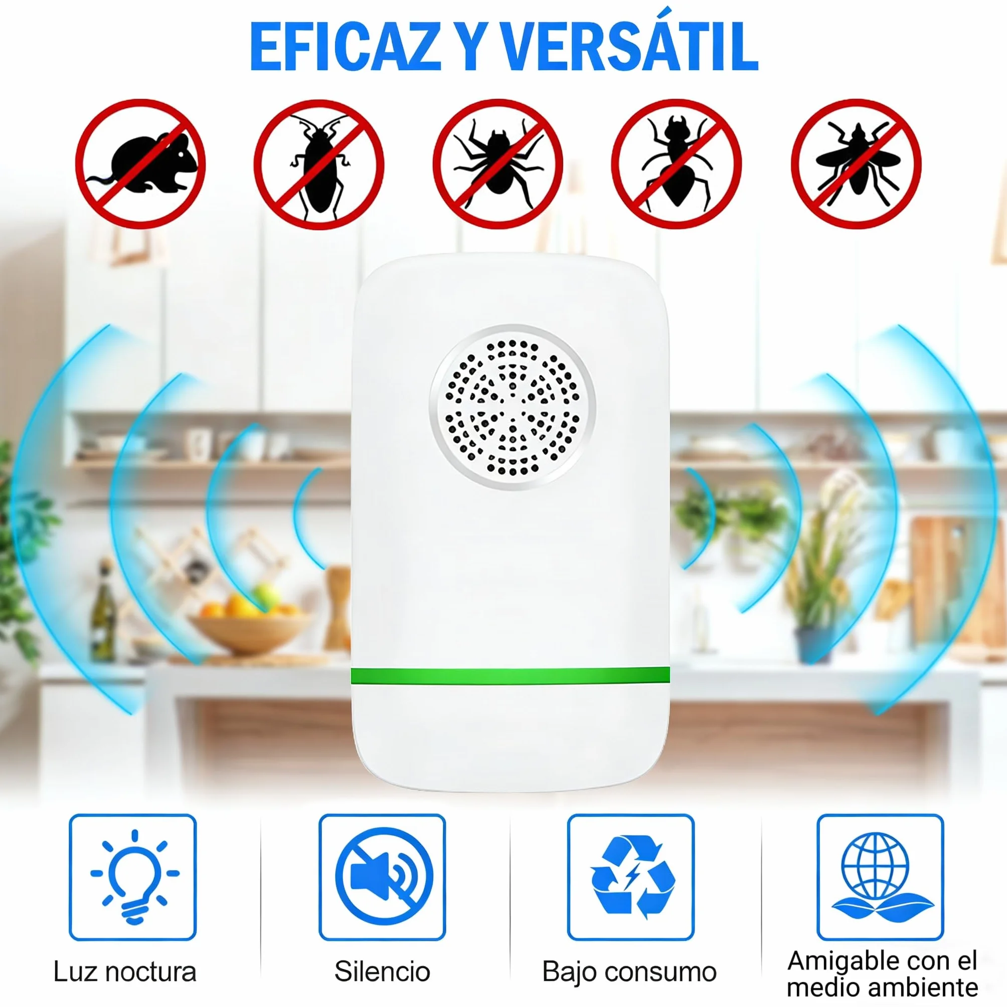 Repelente Ultrasónico de Plagas Electrónico Antimosquitos Control Mosquitos Hormigas Cucarachas Moscas Arañas Chinches Ahuyentador Ratas Ratones Interiores 2 Piezas