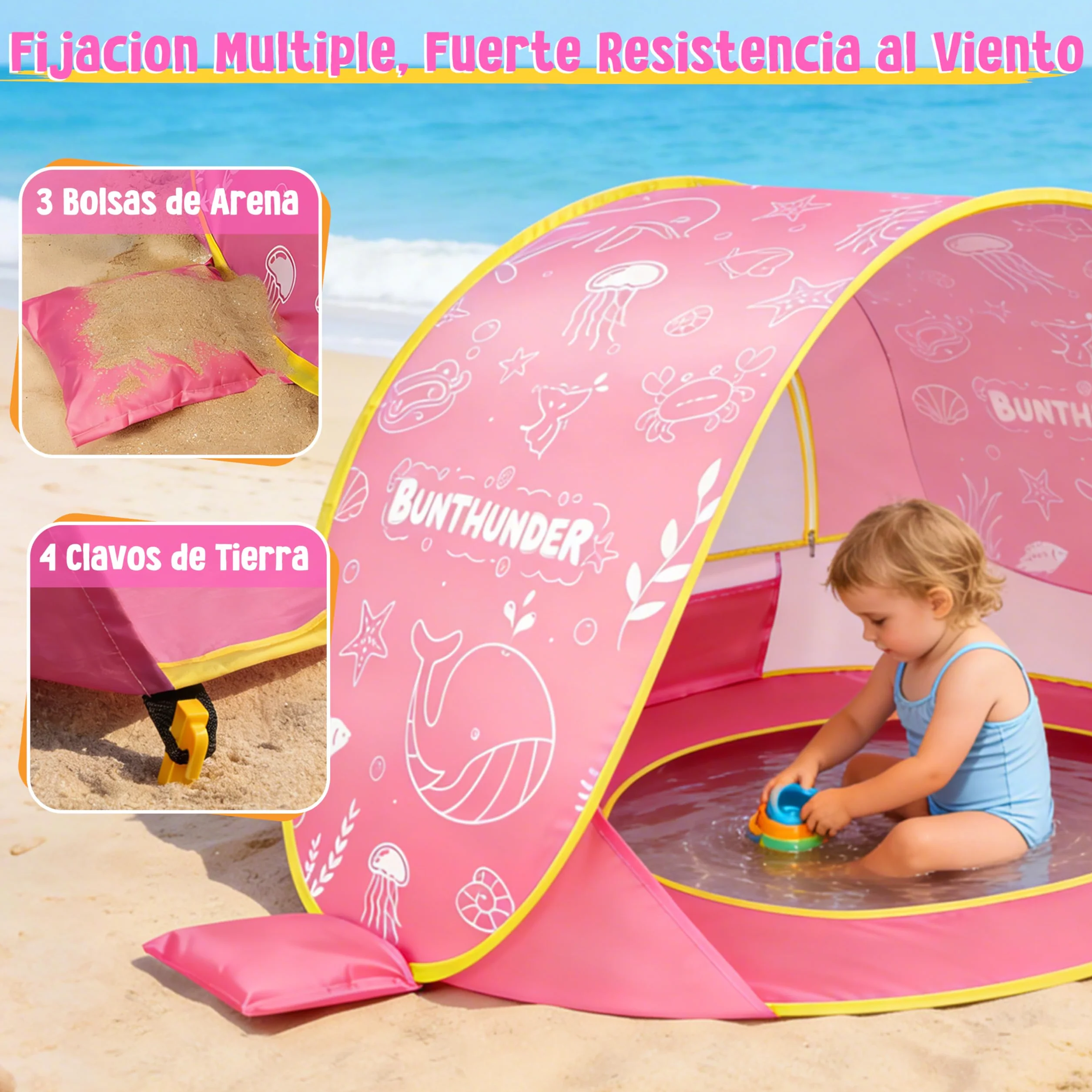 JONRRYIN Tienda Playa Bebé Pop Up, Tienda Refugio Infantil con Mini Piscina, Plegable Portátil Protección UV para Playa, Pícnic y Jardín (Rosa)