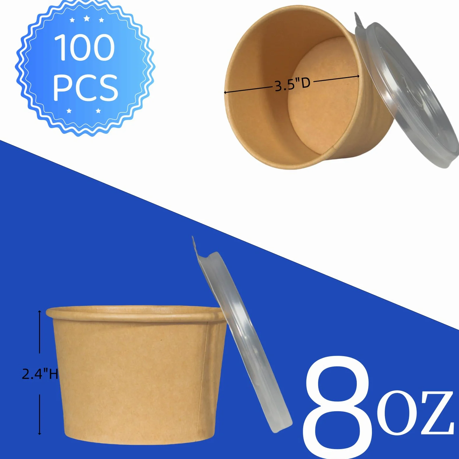 Paquete de 100 recipientes de papel de 8 onzas con tapas, vasos desechables de papel kraft para alimentos, recipientes de sopa resistentes para llevar, cuencos de postre para helado, yogur,