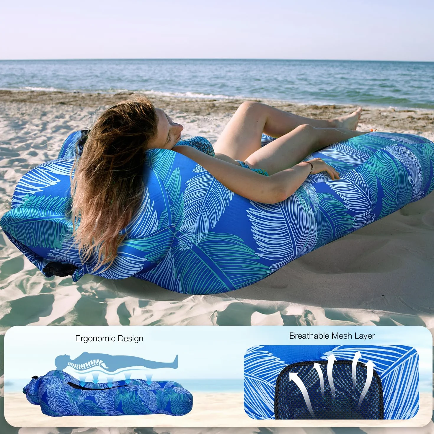 Tumbona inflable ligera y portátil, con respaldo de malla, sofá impermeable para acampar, playa, piscina, festival de música, azul Klein