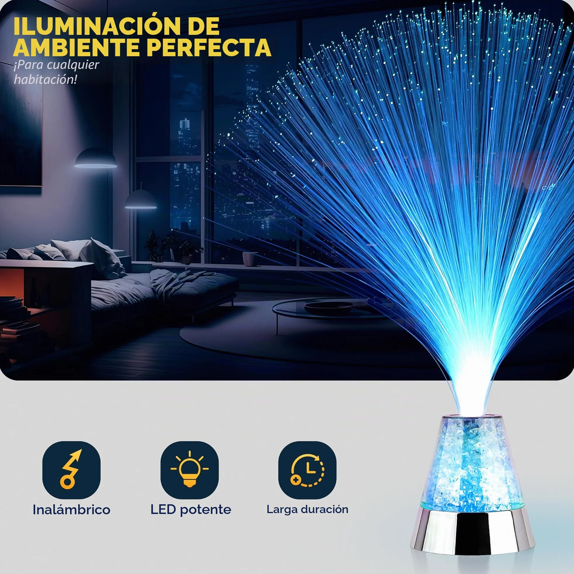 Lámpara de fibra óptica cambiante base de cristal 33,02 cm incluye pilas