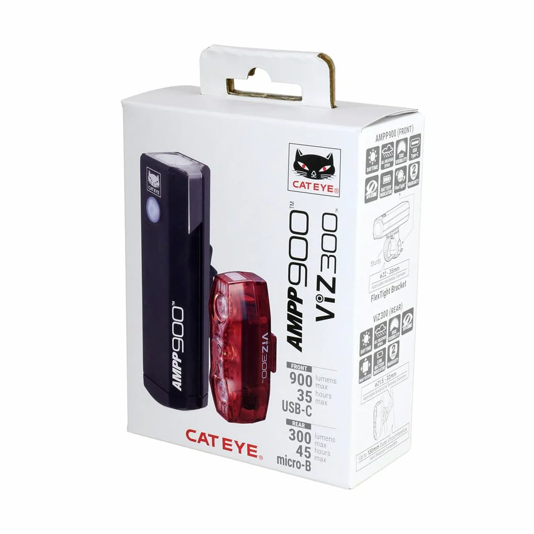 CATEYE AMPP 900 / Viz 300 Juego de Luces para Bicicleta: Potente luz Delantera, luz Trasera de Alta Visibilidad, Color Negro