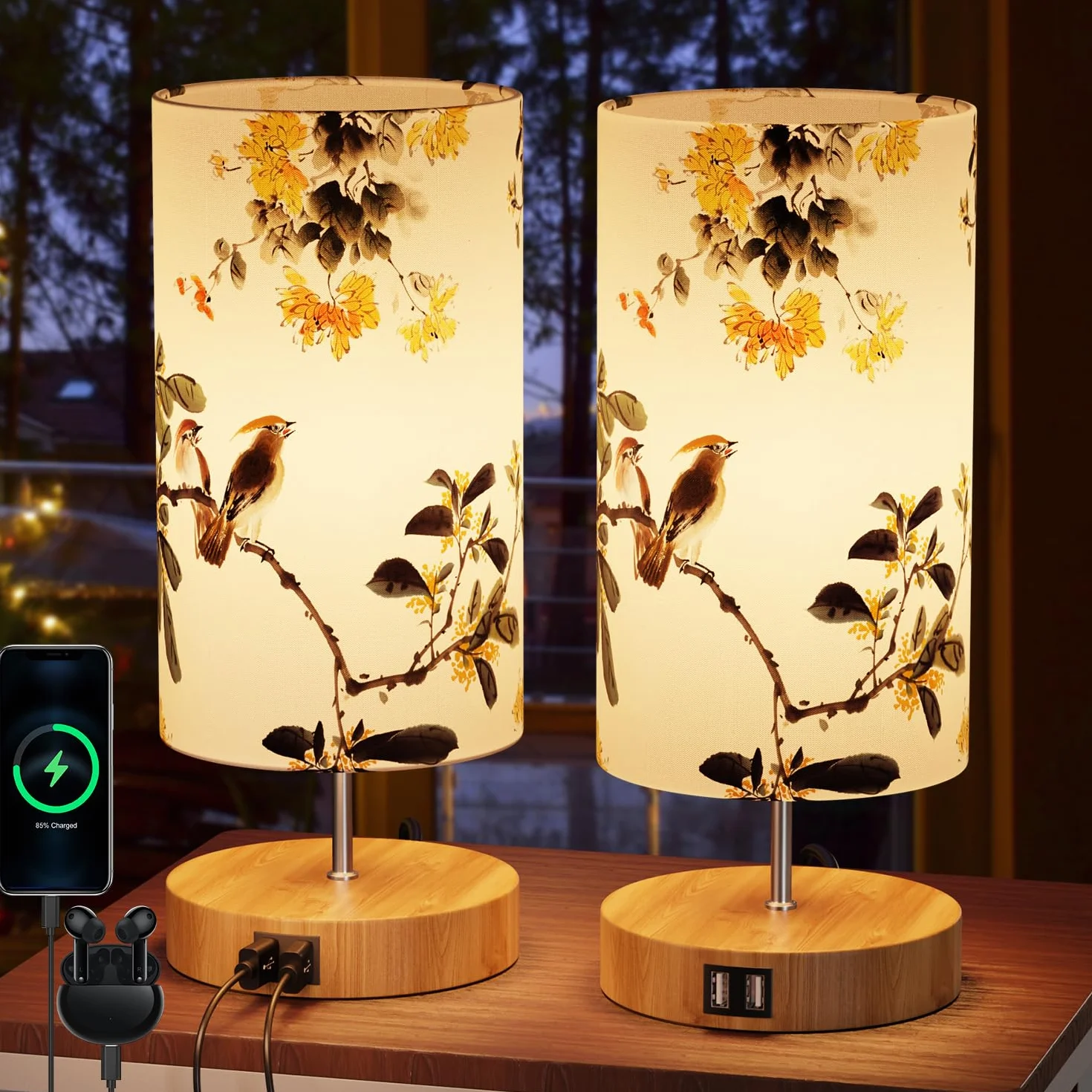 Lámpara de Mesilla de Noche con Puertos de Carga USB, Control Táctil, 3 Modos de Brillo, 2 Piezas