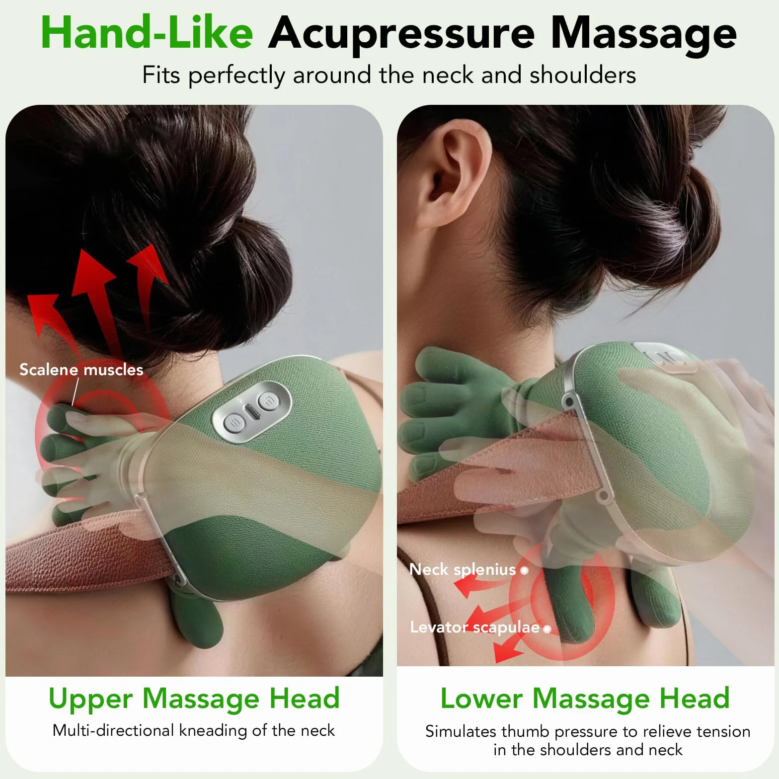 Masajeador Cervical y Espalda 4D, Masajeador de Hombros con Calor, 3 Velocidades, 2 Niveles de Calor, Verde