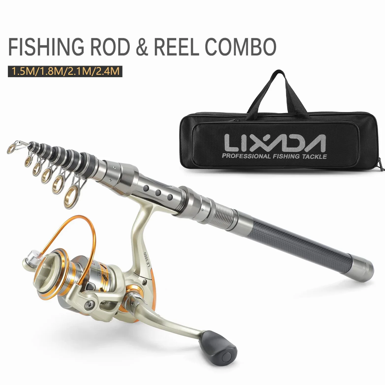 Lixada - Caña de pescar telescópica y carrete combo, transmisión de engranaje con sedal de 100 m, señuelos de pesca, anzuelos de pesca, cabeza plomada, bolsa de transporte, 150
