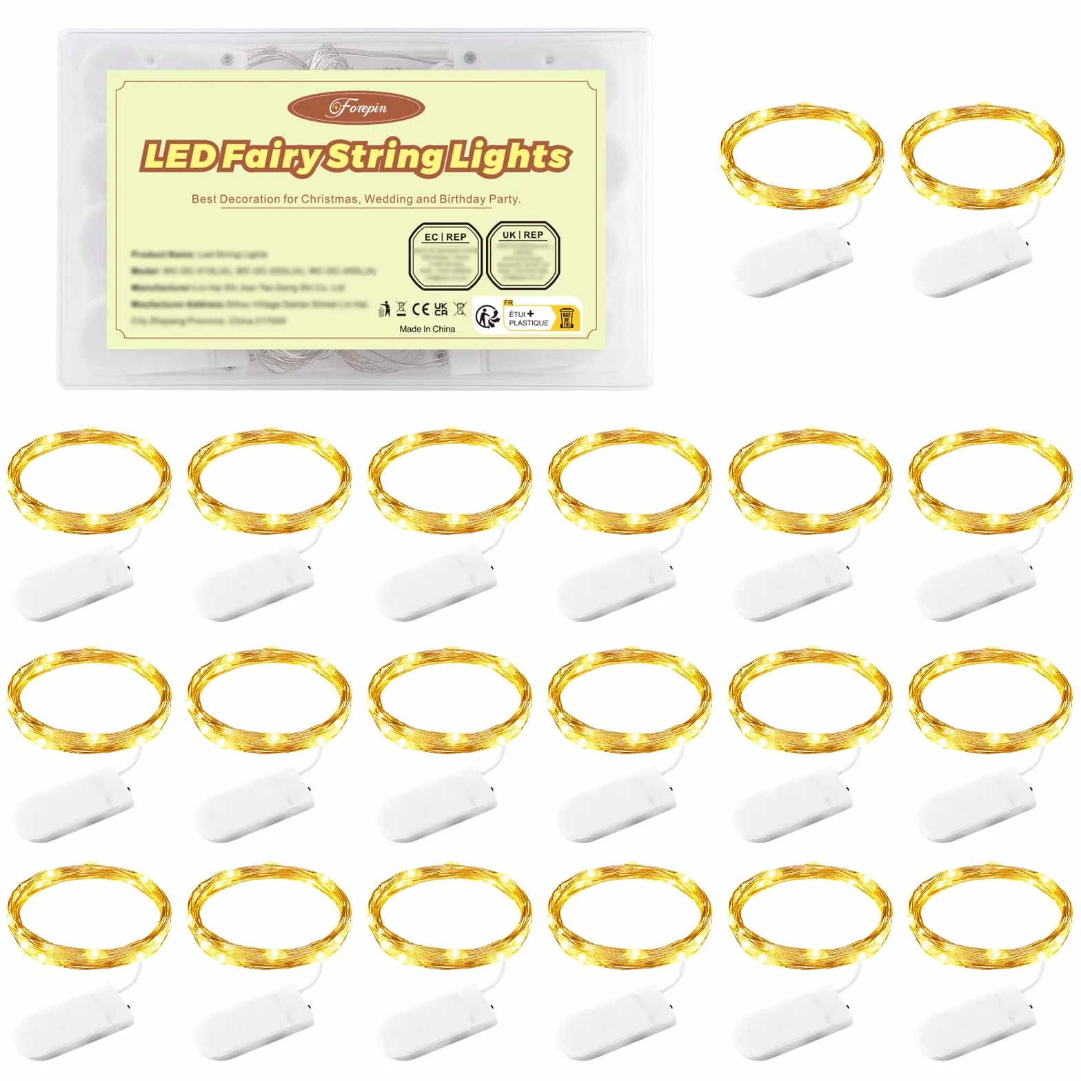 Guirnalda Luces LED 20 Piezas 1m 10 LED Impermeable Pilas Decoracion para Interior Jardin Boda Fiestas