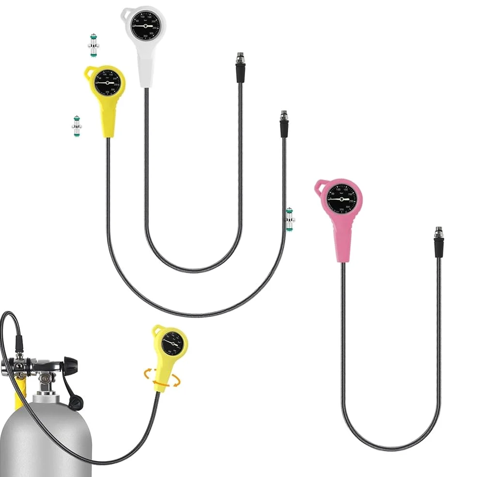 Medidor de presión de buceo con manguera tejida de fibra de carbono (rosa) | Rosca 7/16-20UNF, luminosa para esfera para agua oscura, rotación de 360 grados, alta estabilidad de hasta 300 bares