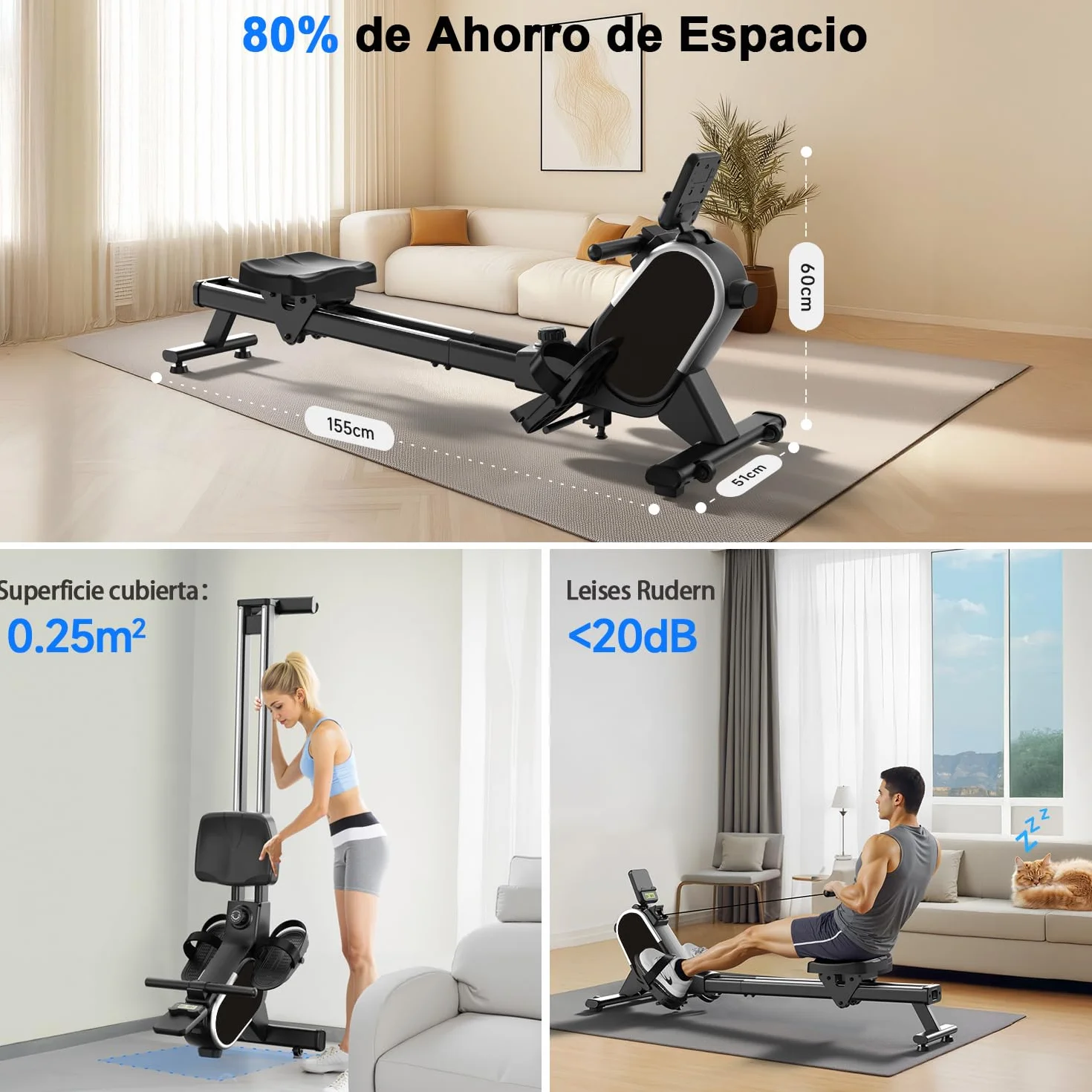 CHAOKE Maquina de Remo para Casa, Pistas Dobles Ultra Silenciosas y Estables,16 Niveles de Resistencia Magnético con App, Bluetooth y Pantalla LCD, Soporta hasta 160 KG, Fitness en Interiores