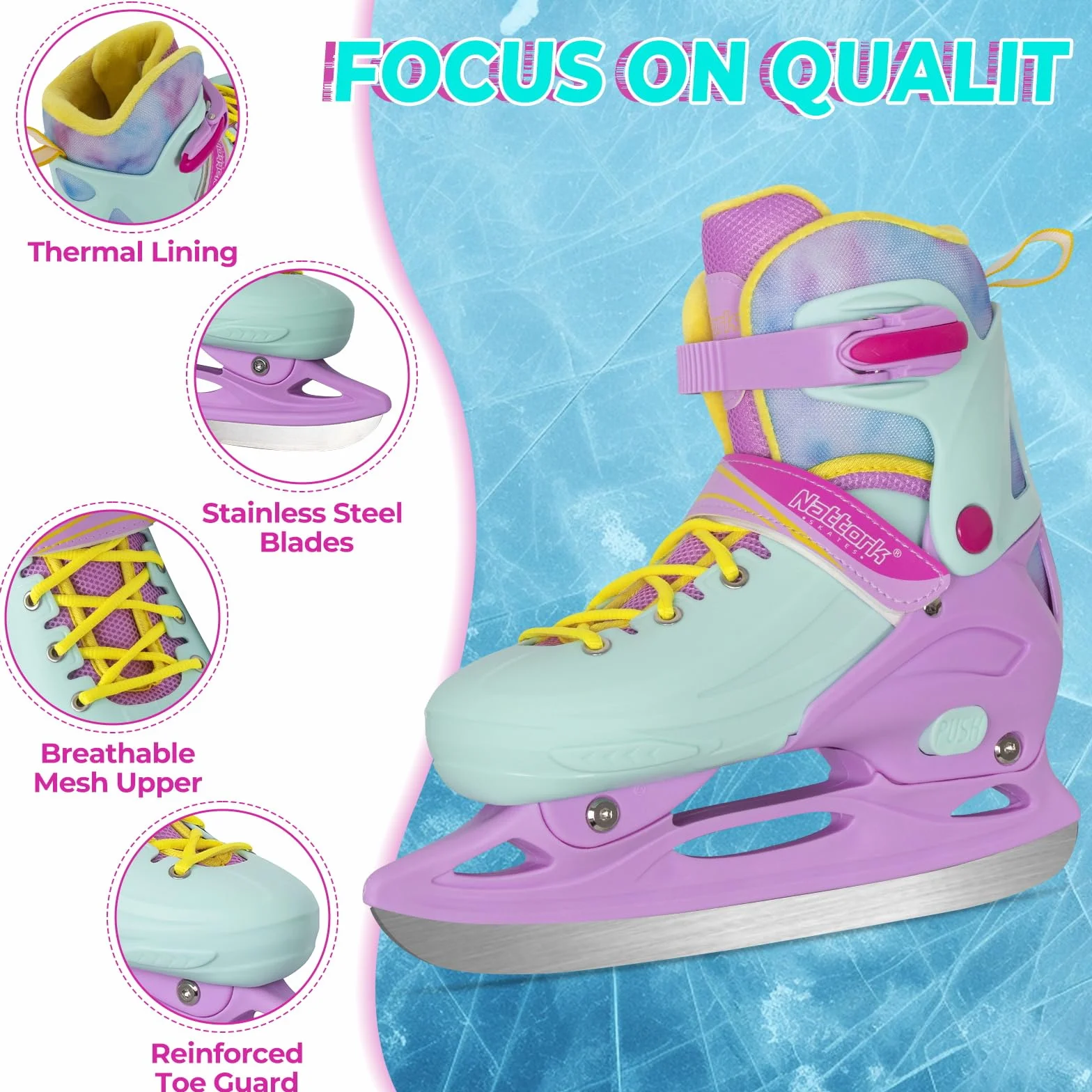 Nattork Patines de Hielo de 4 tamaños Ajustables para niños y niñas, Divertidos para Principiantes, Patinaje sobre Hielo para Exteriores, protección Dura Suave y cómoda para niños