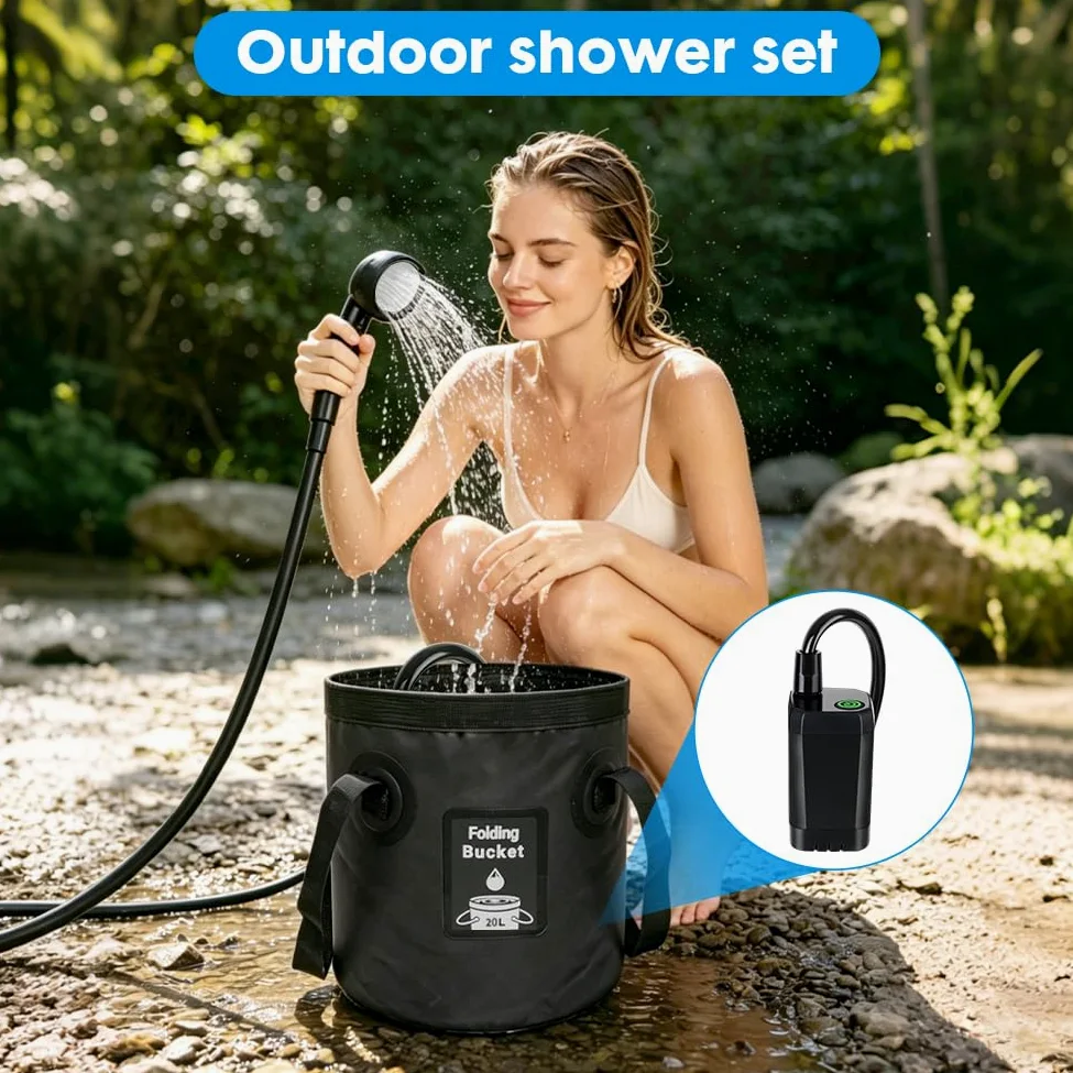 CEWROM 2026 Juego completo de ducha portátil para camping, ducha de camping de 6000 mAh con bomba e indicador de temperatura, cabezal de pulverización multimodo y cubo plegable de agua de 5 galones