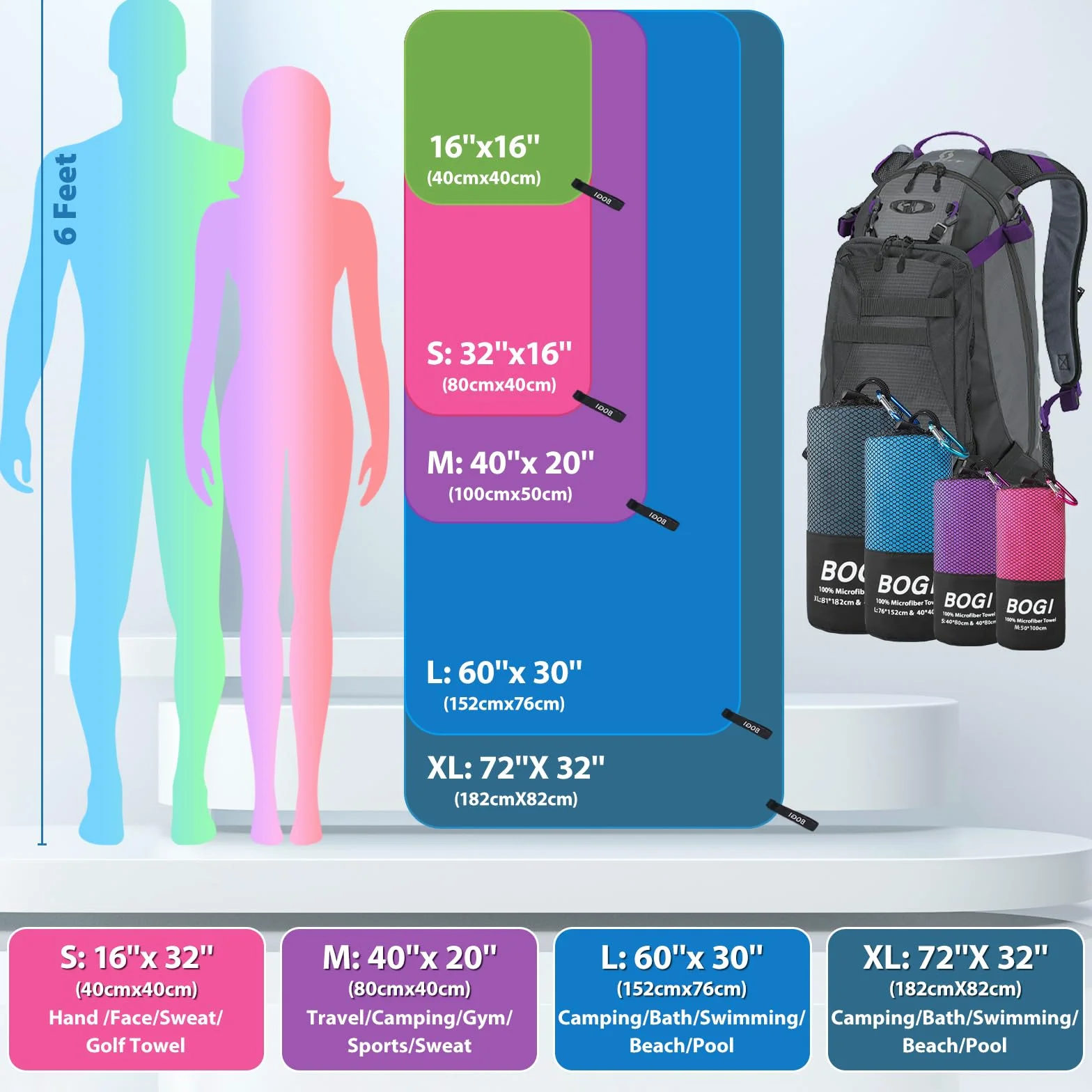 BOGI Toalla deportiva de microfibra de secado rápido, toalla de camping de microfibra suave y ligera, toalla de viaje compacta para camping, gimnasio, yoga, natación, mochileros (XL: 72 x 32 pulgadas