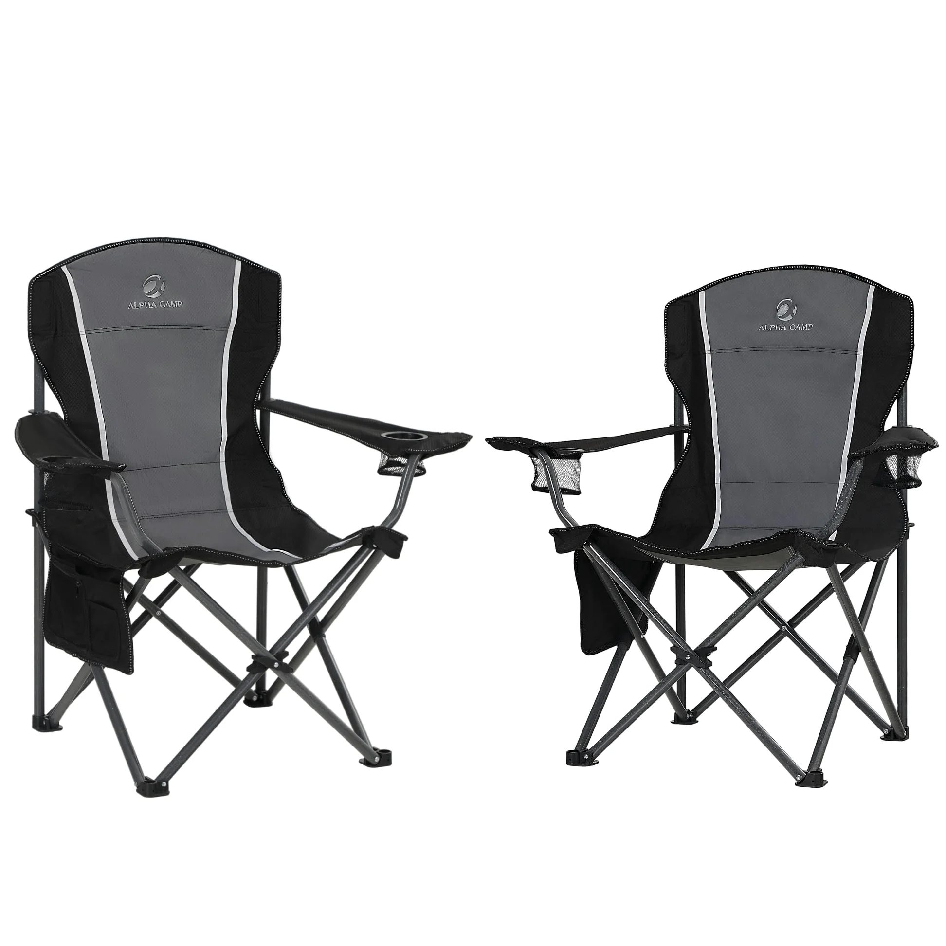 HIGH POINT SPORTS Silla de camping plegable, 160 kg, plegable, con reposabrazos, soporte para bebidas, marco de acero, portátil, color negro y gris, 2 unidades