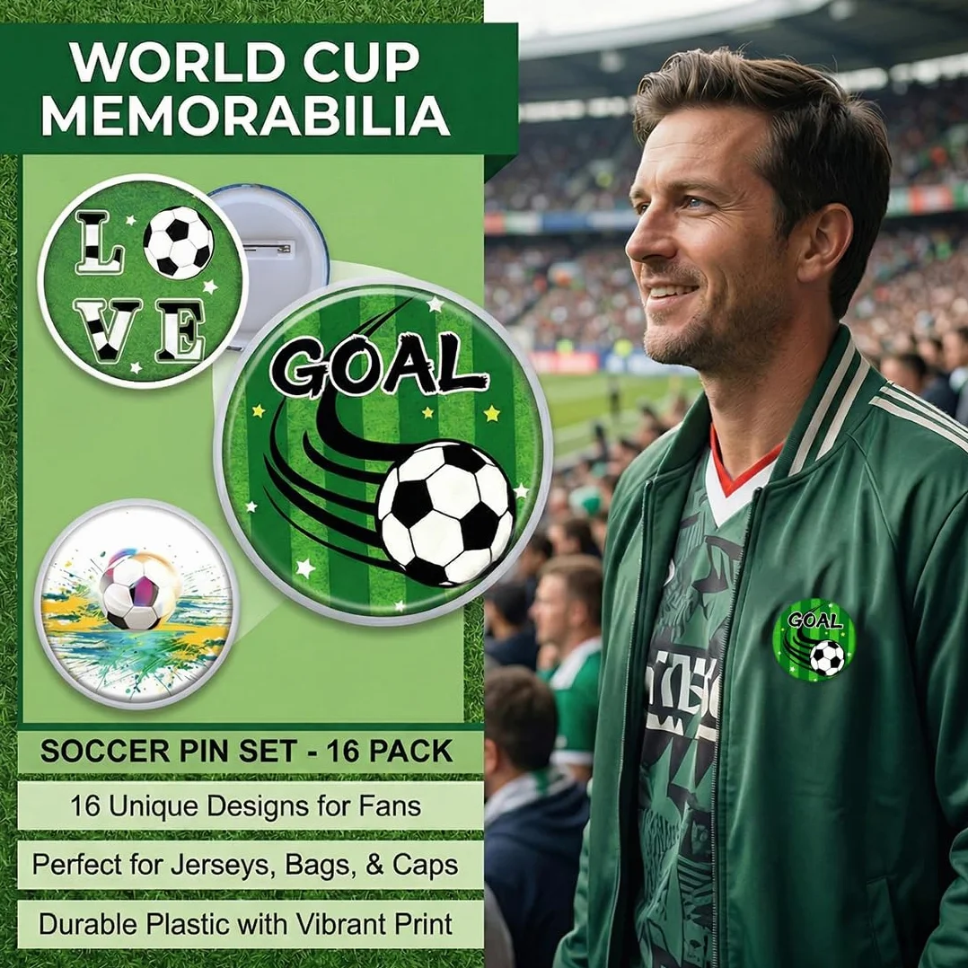 Pins e Insignias de Fútbol 16 Unidades, Conmemorativas del Mundial. Regalo Ideal para Fiestas Temáticas, Cumpleaños, Obsequios para Niños y Aficionados.