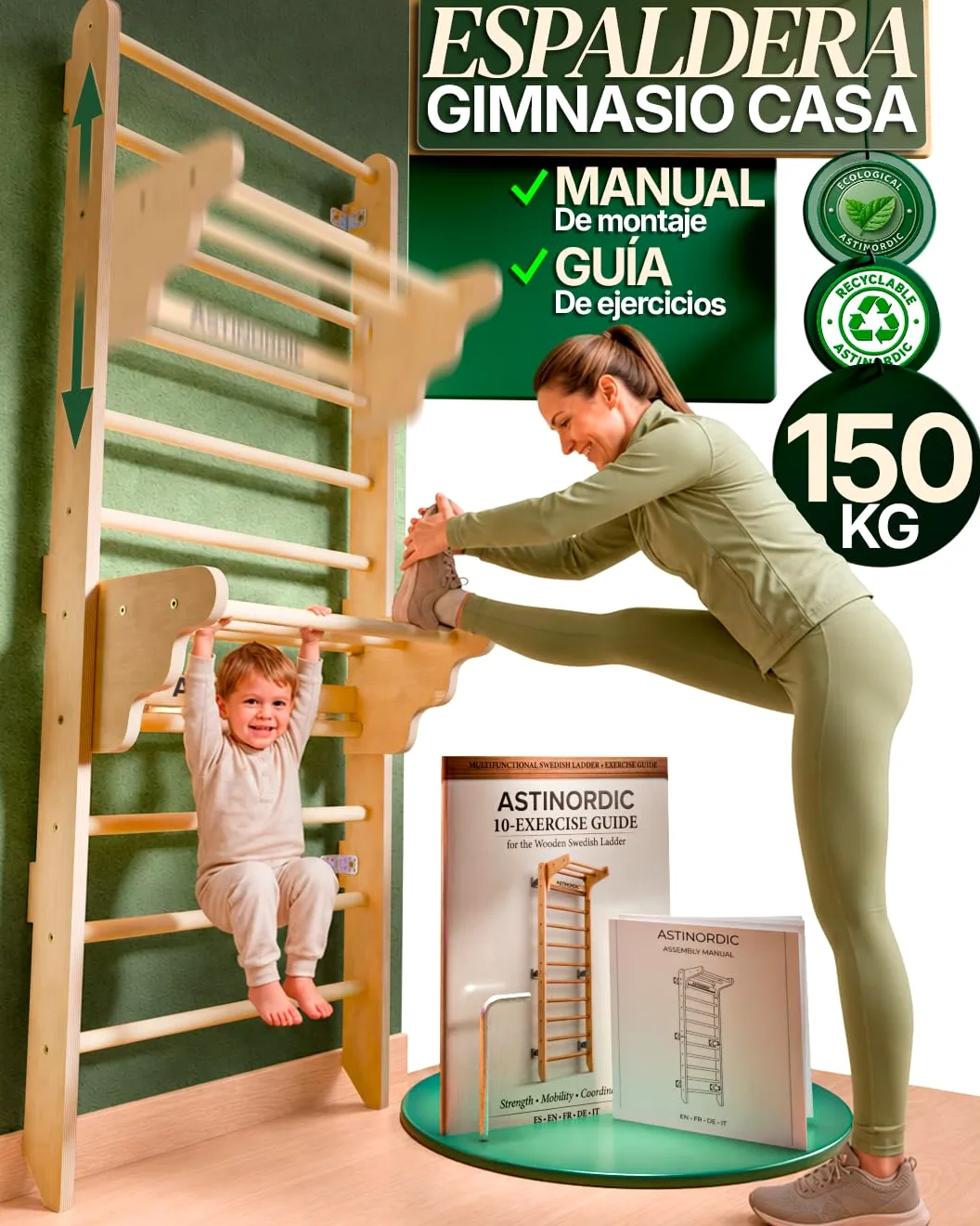 Espaldera Gimnasio Casa con Barra de Dominadas | Escalera Sueca Madera | Soporta hasta 150 kg | Montaje Fácil, Todo Incluido