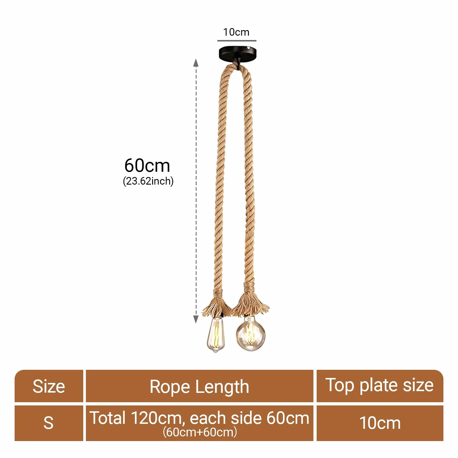 Lámpara colgante industrial STARRYOL, cuerda de cáñamo, doble cabezal, 60+60 cm