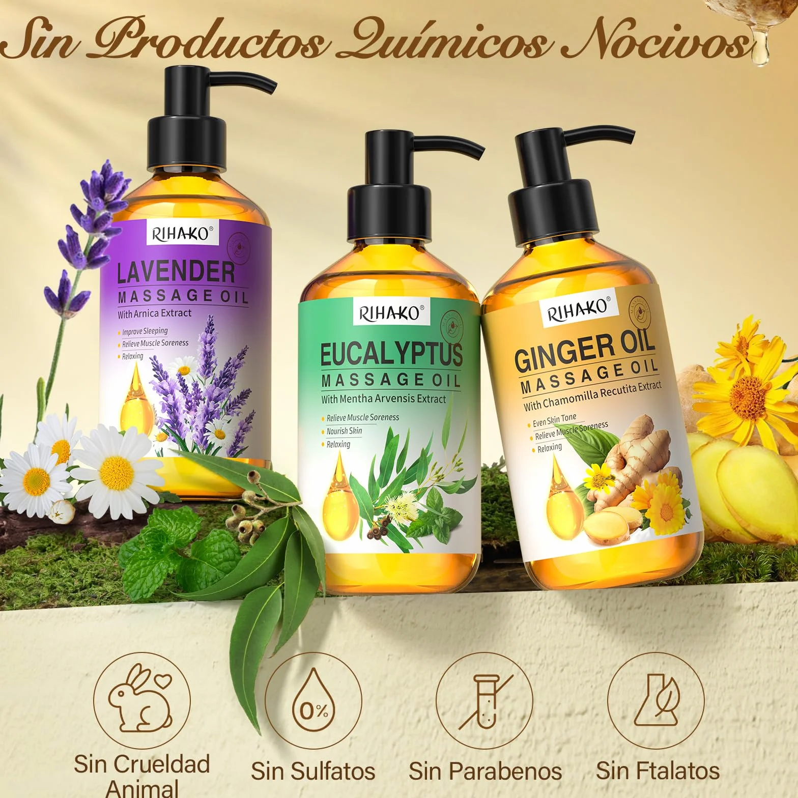Set Aceites de Masaje para Terapia, Drenaje Linfático, Jengibre, Lavanda, Eucalipto, 3 x 100 ml