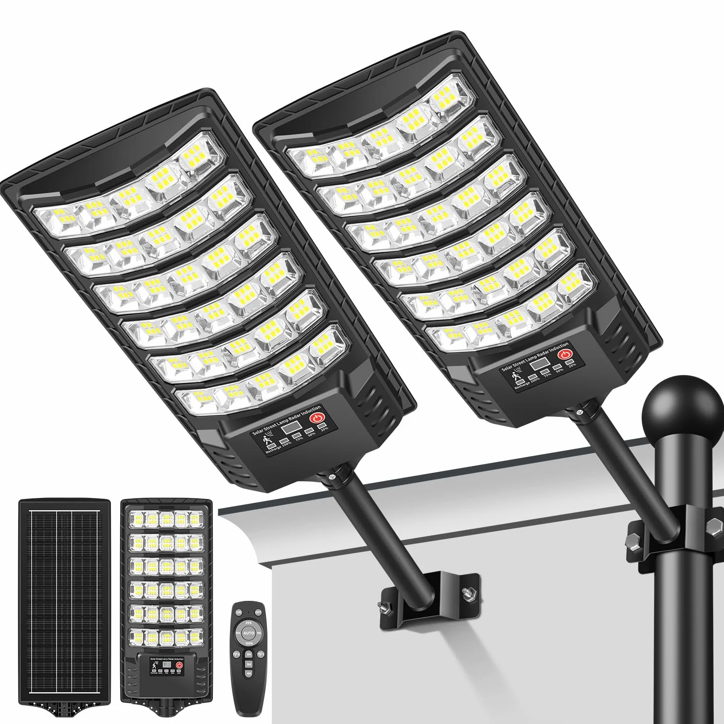 Farola Solar Exterior 1000W 7000K LED con Sensor de Movimiento y Mando, Impermeable para Jardín y Calle, 2 Paquetes
