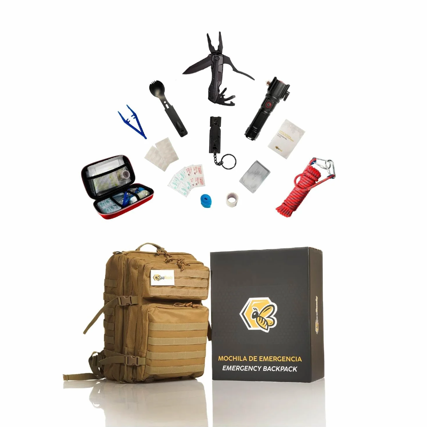 Kit Supervivencia Emergencia Completo – Mochila militar 45L, Linterna LED táctica, Botiquín de primeros auxilios, Cuchillo multiherramienta, Manta térmica– 25 piezas, 3 colores (Marrón)